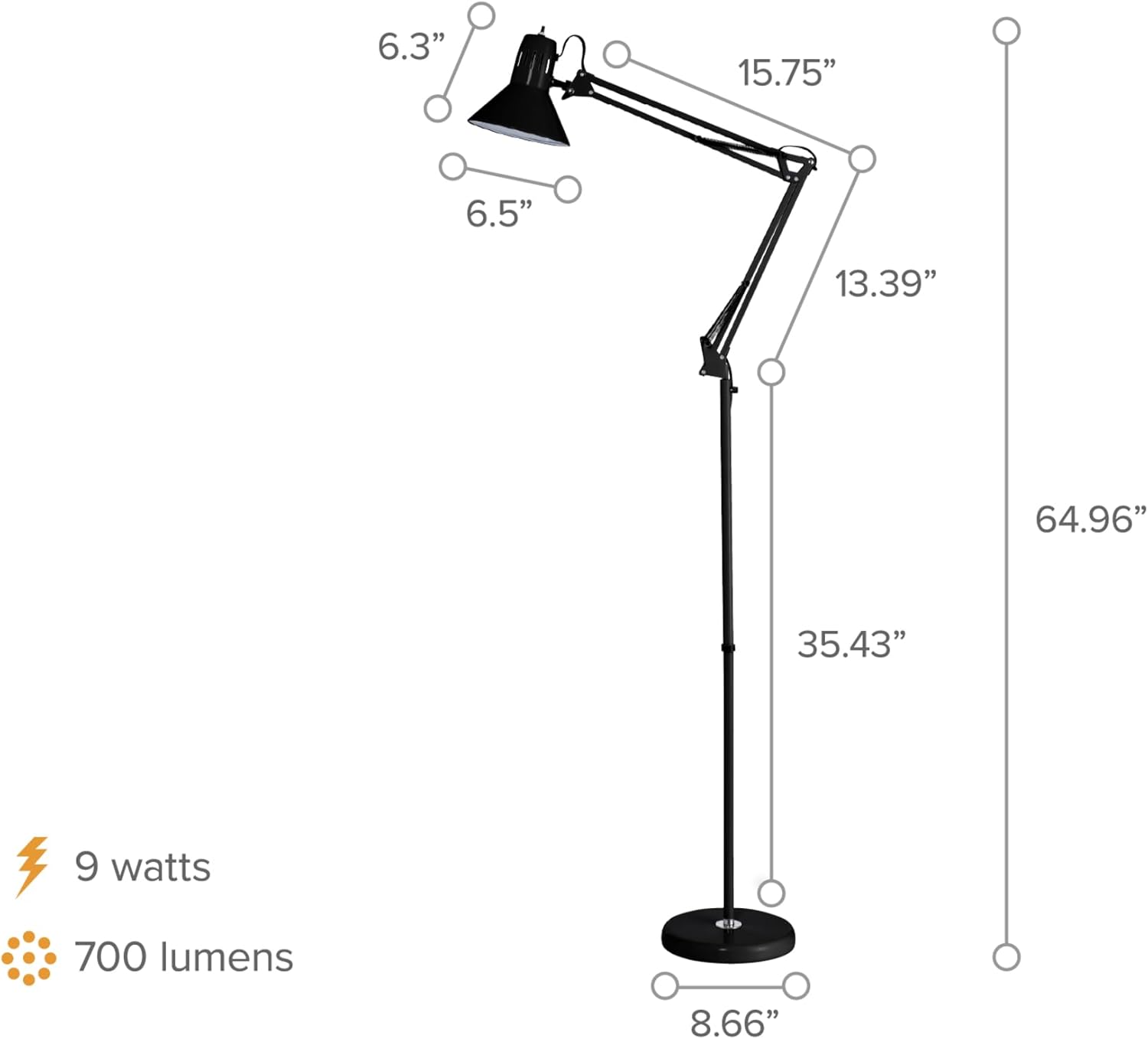 Bostitch Office VLF100F Swing Arm Metal Floor Lamp, 72" Tall with Multi-Joint Adjustment, Includes Replaceable LED Bulb (VLF), Black
