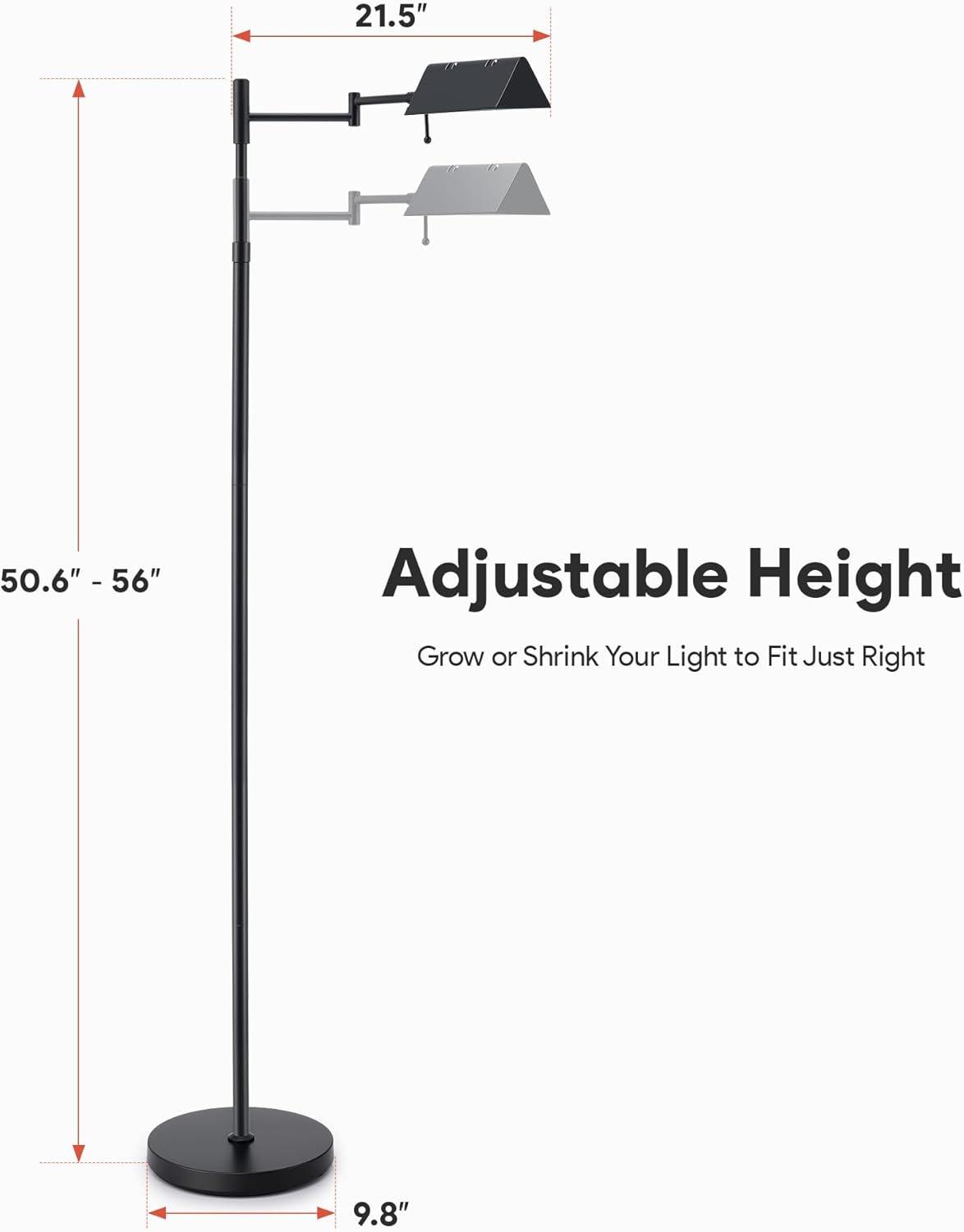 VONLUCE Dimmable LED Floor Lamp, 56" Floor Lamp for Living Room with Adjustable Height Swing Arms 3 Color Temperatures, Industrial Standing Pole Lamp for Bedroom Reading, Black