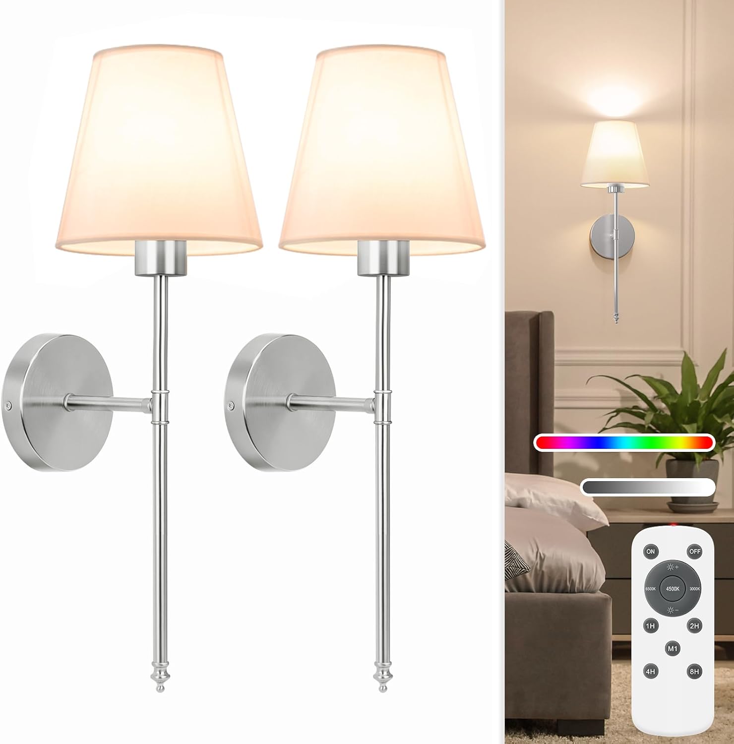 NIORSUN Battery Operated Wall Sconce Set of 2,Gold Rechargeable Wall Lights with 5200mAh Dimmable Bulbs and Remote,10 Colors Wireless Wall Lamps for Bedroom Living Room Hallway Decor