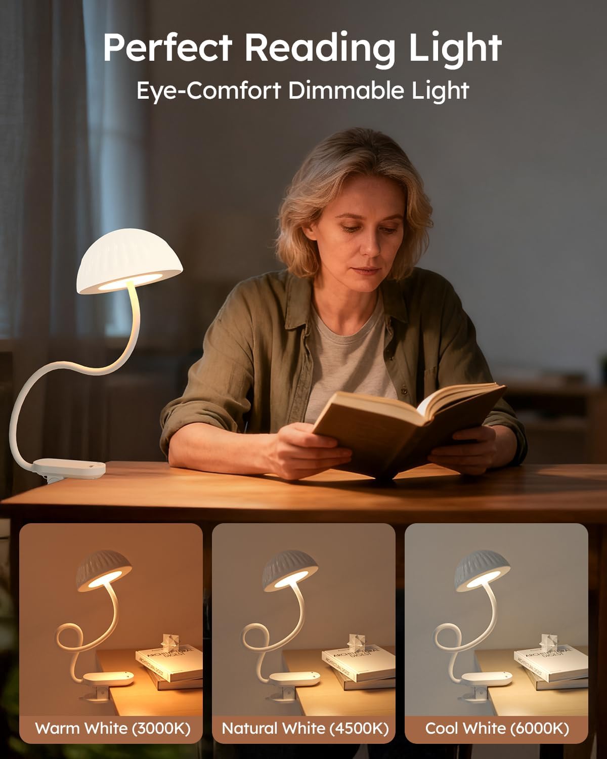 Rechargeable Clip On Lamp, Cordless Touch Control Desk Lamp with RGB Ambient Mode & 3000K–6000K Dimmable Book Reading Light, Portable Gooseneck Lamp Battery Operated Clamp On Table Bedside Headboard