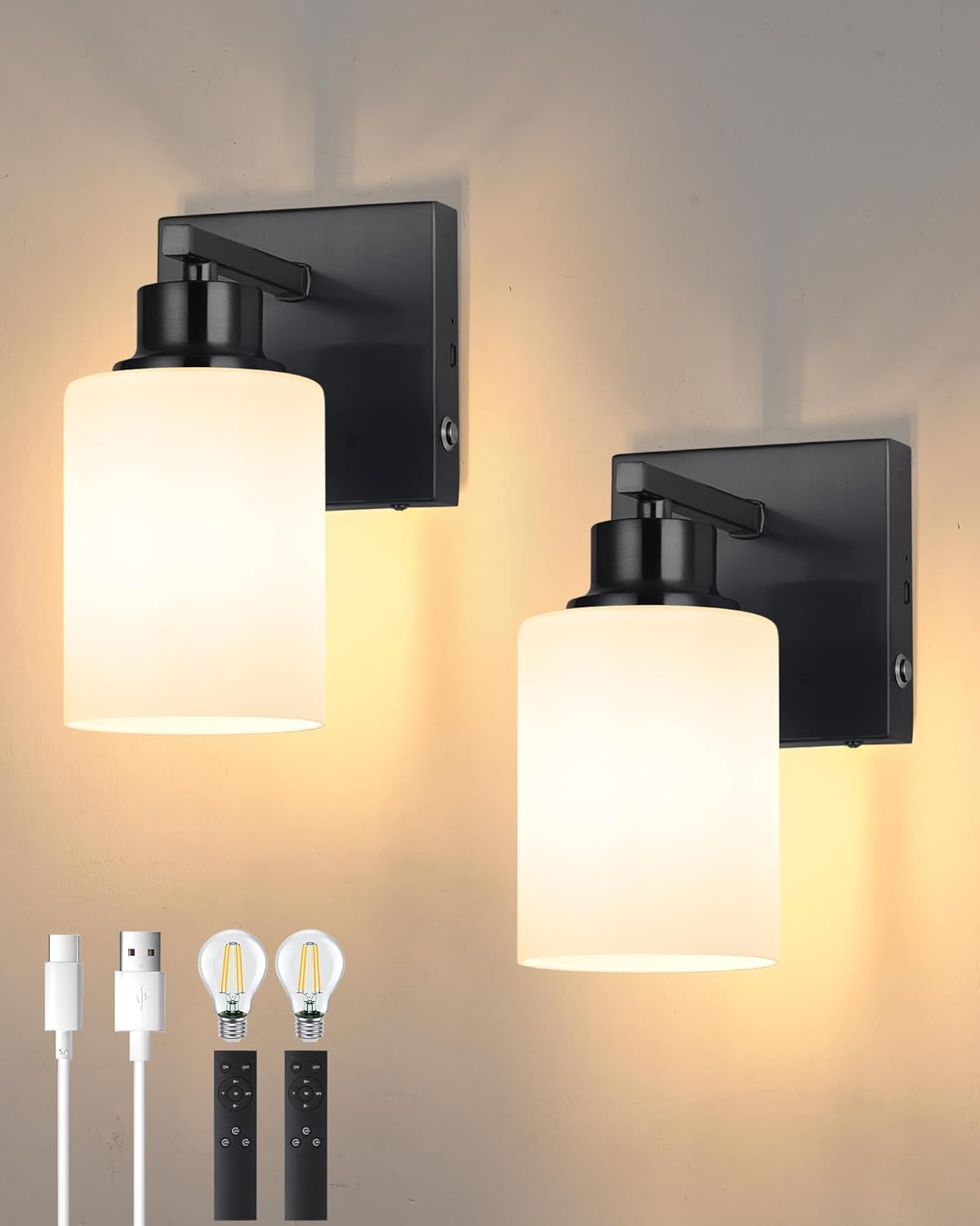 Battery Operated Wall Sconce Set of 2, Black Rechargeable Wall Lights with Timer Function, Easy Install Dimmable Wireless Wall Lamps Sconces Wall Decor for Living Room Bedroom Hallway, Emergency 3000K