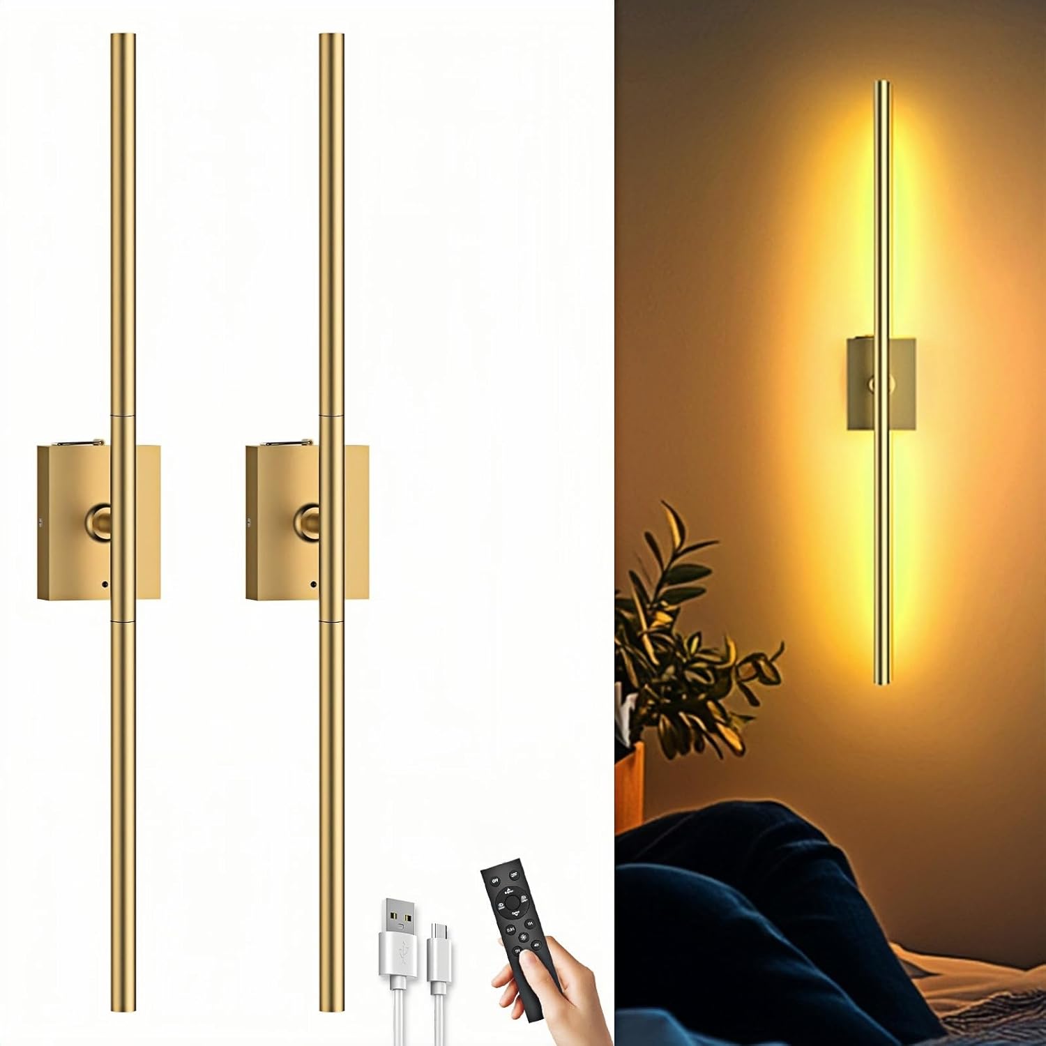 iThird Battery Operated Wall Sconces Set of 2: 10000mAh Rechargeable Wall Lights with Remote Control, 360° Rotate Wireless Wall Scone Decor for TV/Mirror Bedroom Living Room, 31.5 Inch, Black