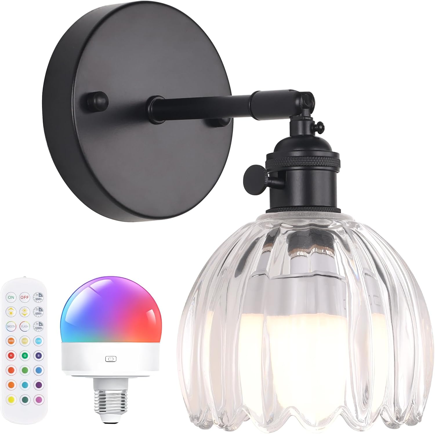 Vintage Battery Operated Wall Sconce with Cute Green Tulip Glass Lampshade Wireless Rechargeable Battery Powered Wall Light with Remote Control for Bedside Bedroom Doorway