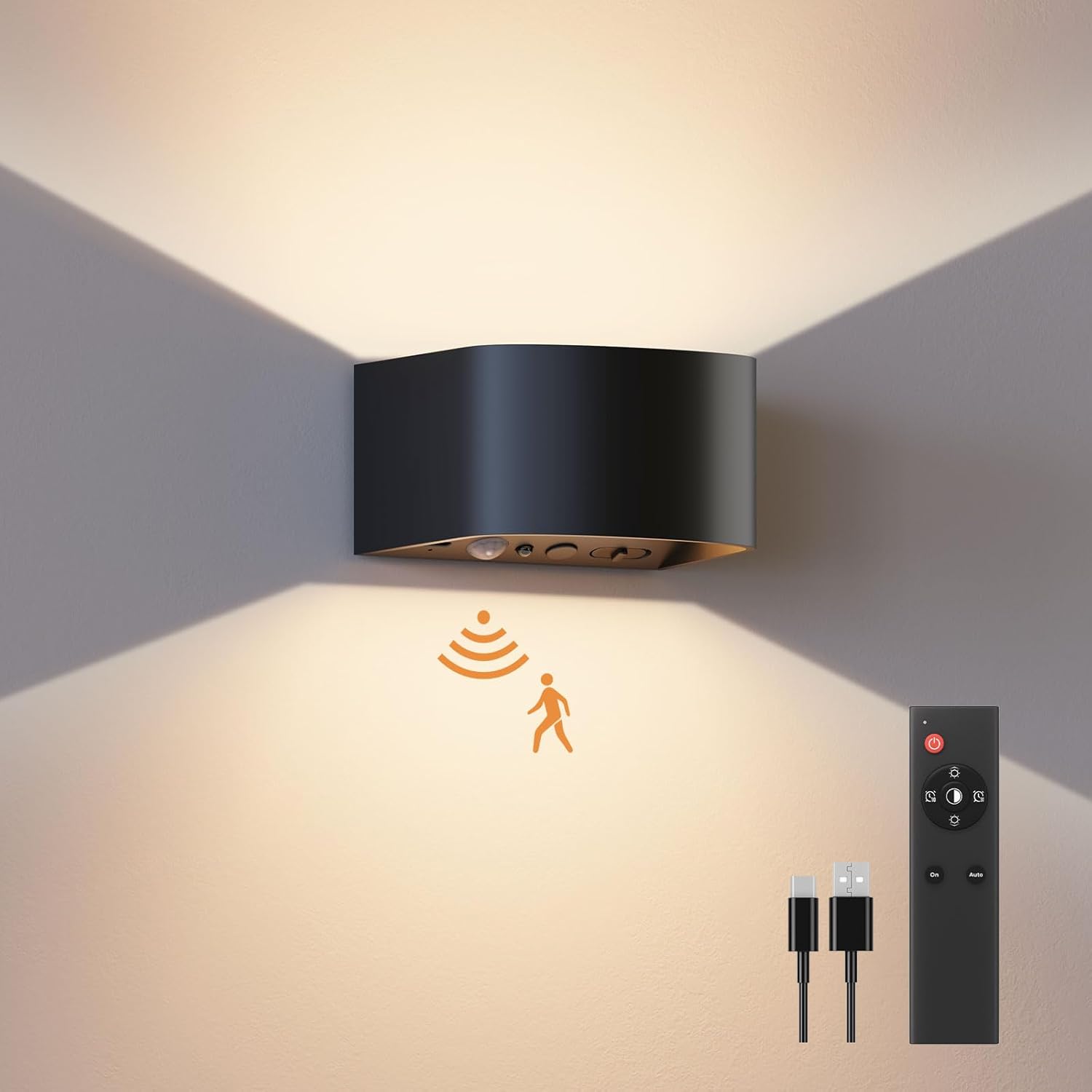 FULEN Motion Sensor Wall Light with Remote Control 3 Colors Wireless Wall Lamp LED Indoor Up and Down Wall Sconce 5000mAh Rechargeable Battery Powered Wall Lamps Brightness Adjustable, Black 2 Pack