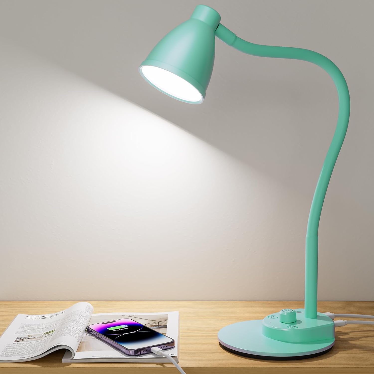 BOHON LED Desk Lamp with USB Charging Port 3 Color Modes Dimmable Reading Light Intelligent Induction Auto Dimming Task Lamp Neck Flexible Table Lamp for Bedside Office, AC Adapter Include