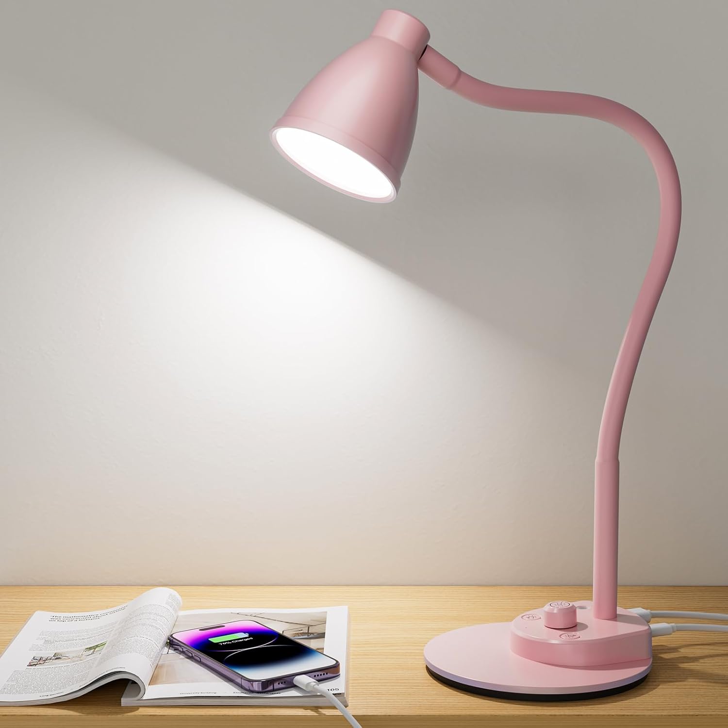 BOHON LED Desk Lamp with USB Charging Port 3 Color Modes Dimmable Reading Light Intelligent Induction Auto Dimming Task Lamp Neck Flexible Table Lamp for Bedside Office, AC Adapter Include
