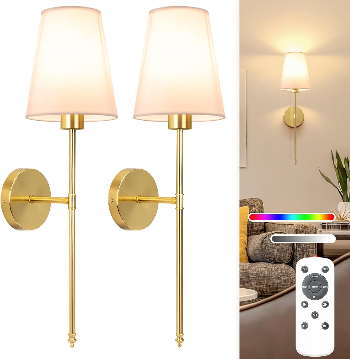 NIORSUN Battery Operated Wall Sconce Set of 2,Black Rechargeable Wall Lights with 5200mAh Dimmable Detachable Bulbs and Remote, 10 Colors Wireless Wall Lamps for Bedroom Living Room Hallway Decor