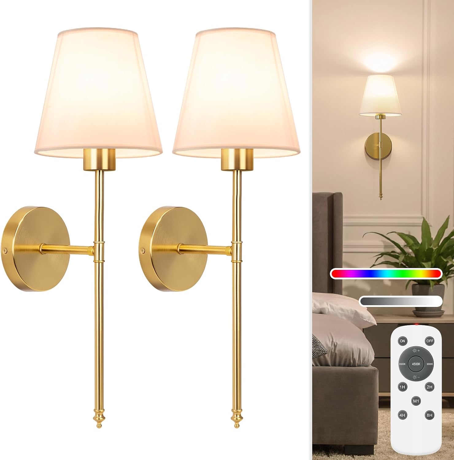 NIORSUN Battery Operated Wall Sconce Set of 2,Gold Rechargeable Wall Lights with 5200mAh Dimmable Bulbs and Remote,10 Colors Wireless Wall Lamps for Bedroom Living Room Hallway Decor
