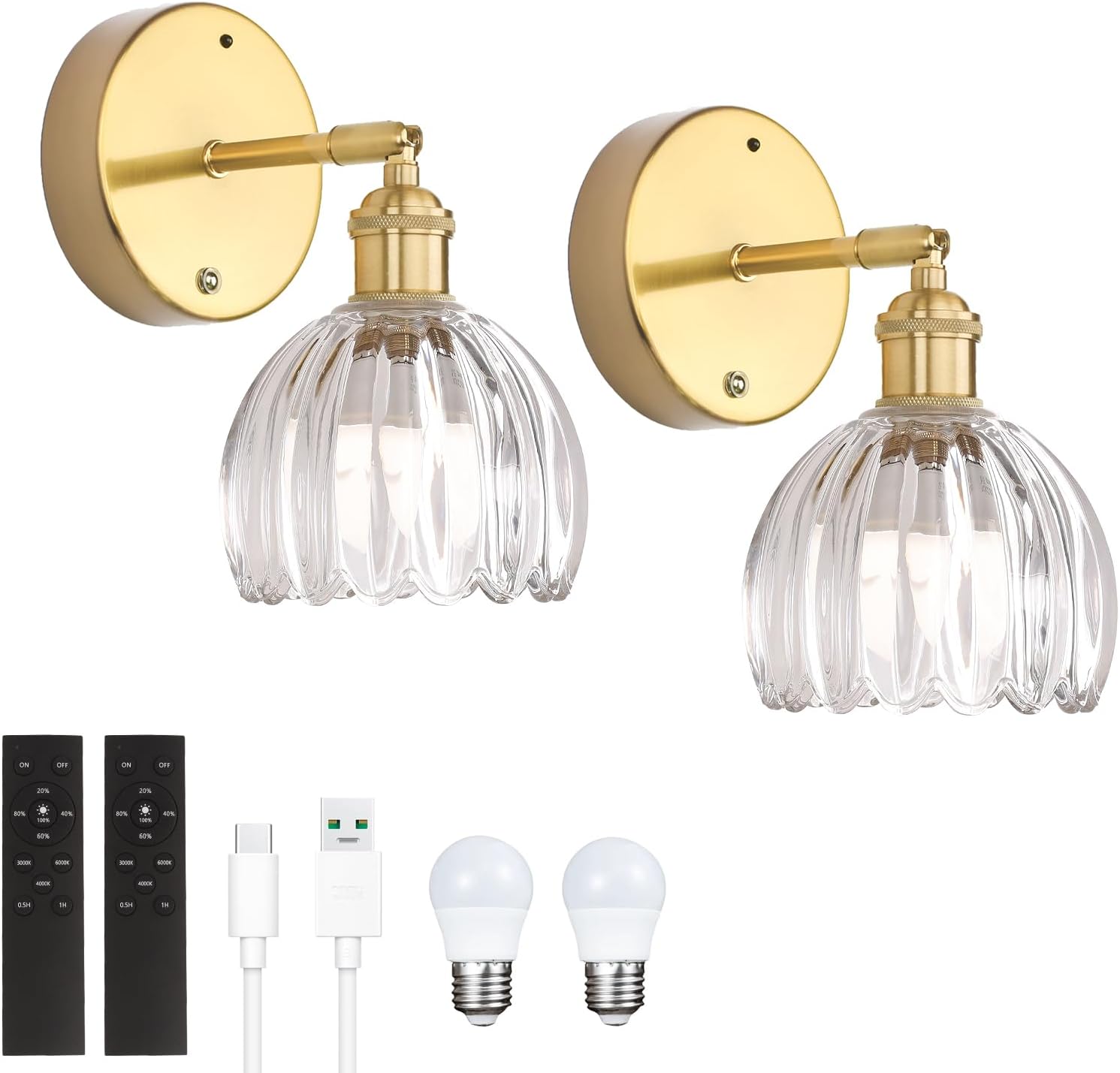 Vintage Battery Operated Wall Sconce with Cute Green Tulip Glass Lampshade Wireless Rechargeable Battery Powered Wall Light with Remote Control for Bedside Bedroom Doorway