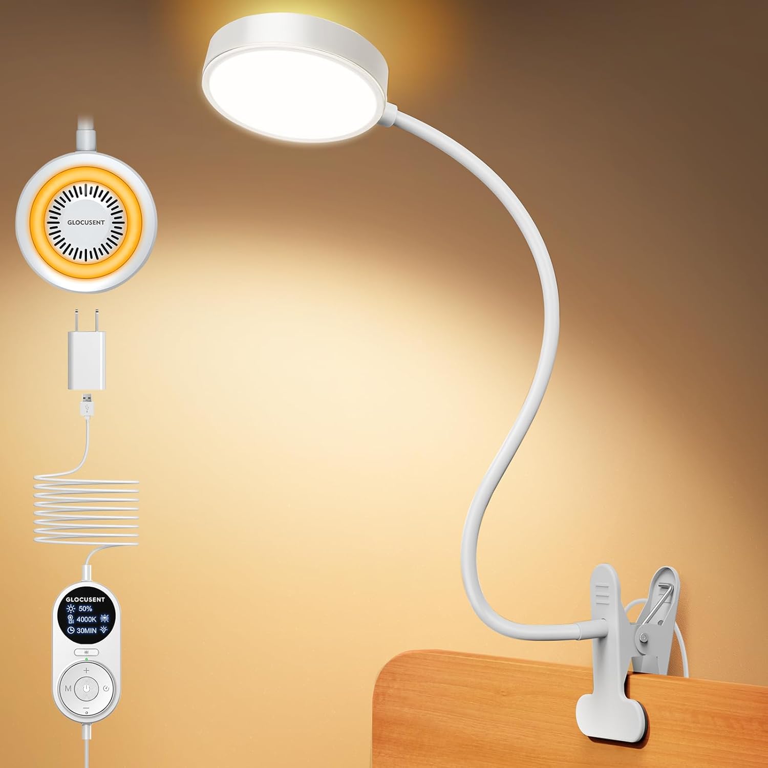 Glocusent 72 LED Clip on Lamp with Remote, Reading Light with Amber Ring, 3 Colors & 5 Dimmable Bed Lamp, 30/60-Min Auto Off Timer, Clamp Light for Headboard/Dorm/Bunk (White)