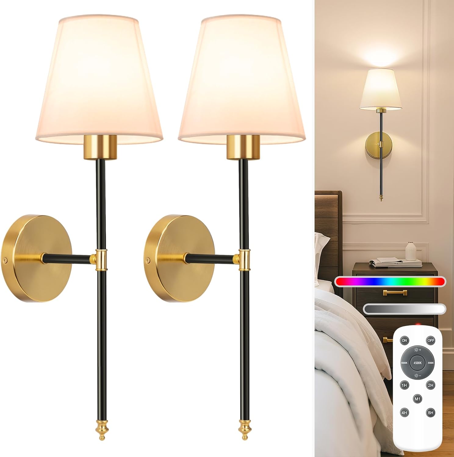 NIORSUN Battery Operated Wall Sconce Set of 2,Gold Rechargeable Wall Lights with 5200mAh Dimmable Bulbs and Remote,10 Colors Wireless Wall Lamps for Bedroom Living Room Hallway Decor