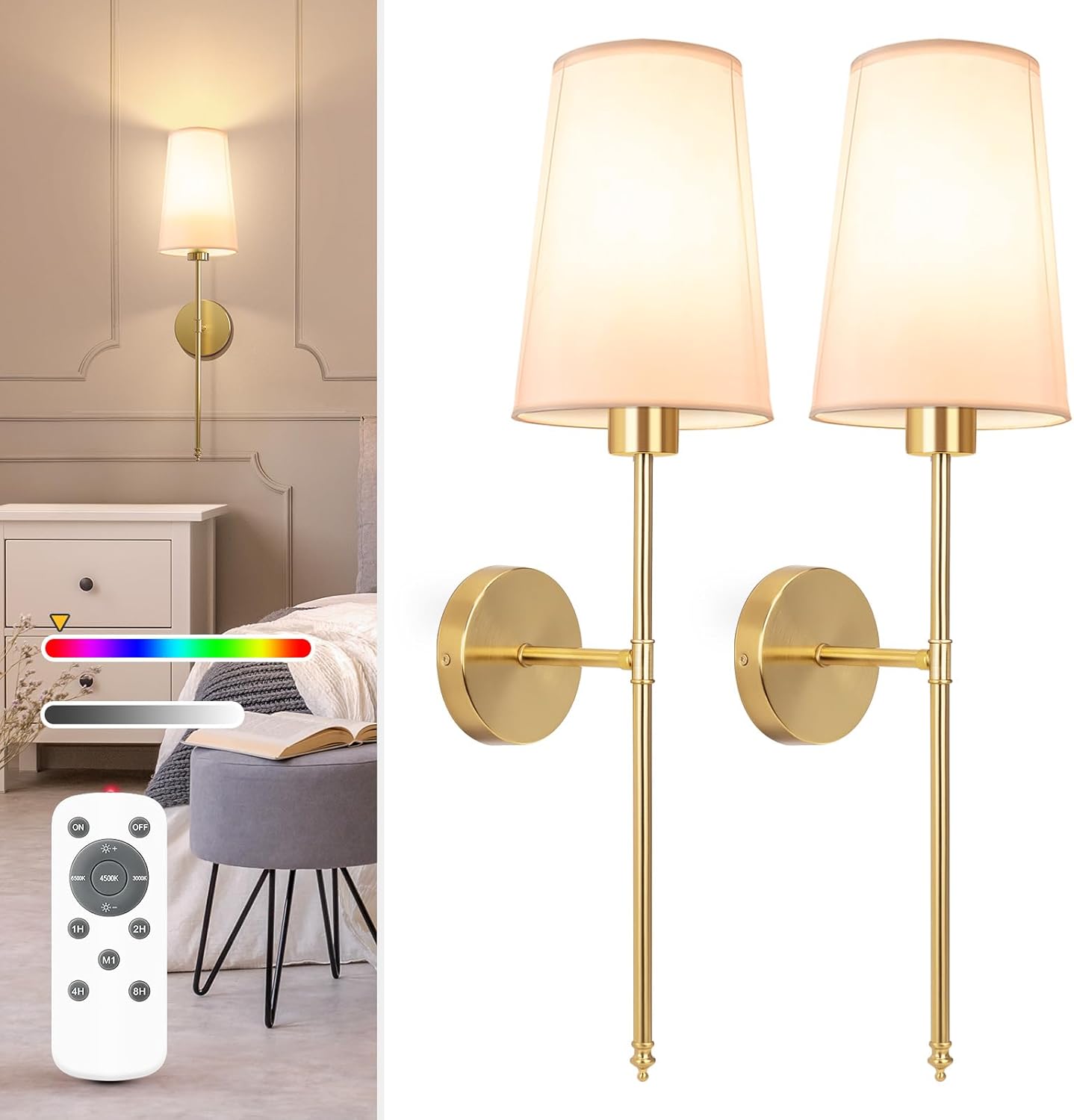 NIORSUN Battery Operated Wall Sconce Set of 2,Gold Rechargeable Wall Lights with 5200mAh Dimmable Bulbs and Remote,10 Colors Wireless Wall Lamps for Bedroom Living Room Hallway Decor