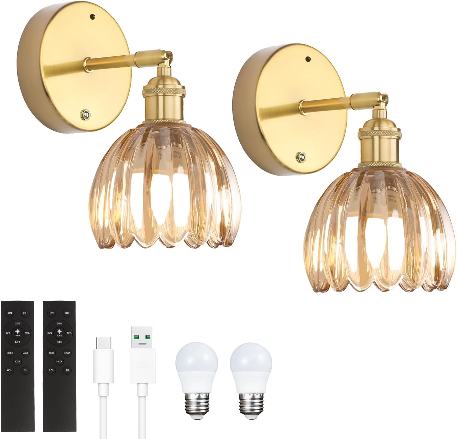 Vintage Battery Operated Wall Sconce with Cute Green Tulip Glass Lampshade Wireless Rechargeable Battery Powered Wall Light with Remote Control for Bedside Bedroom Doorway