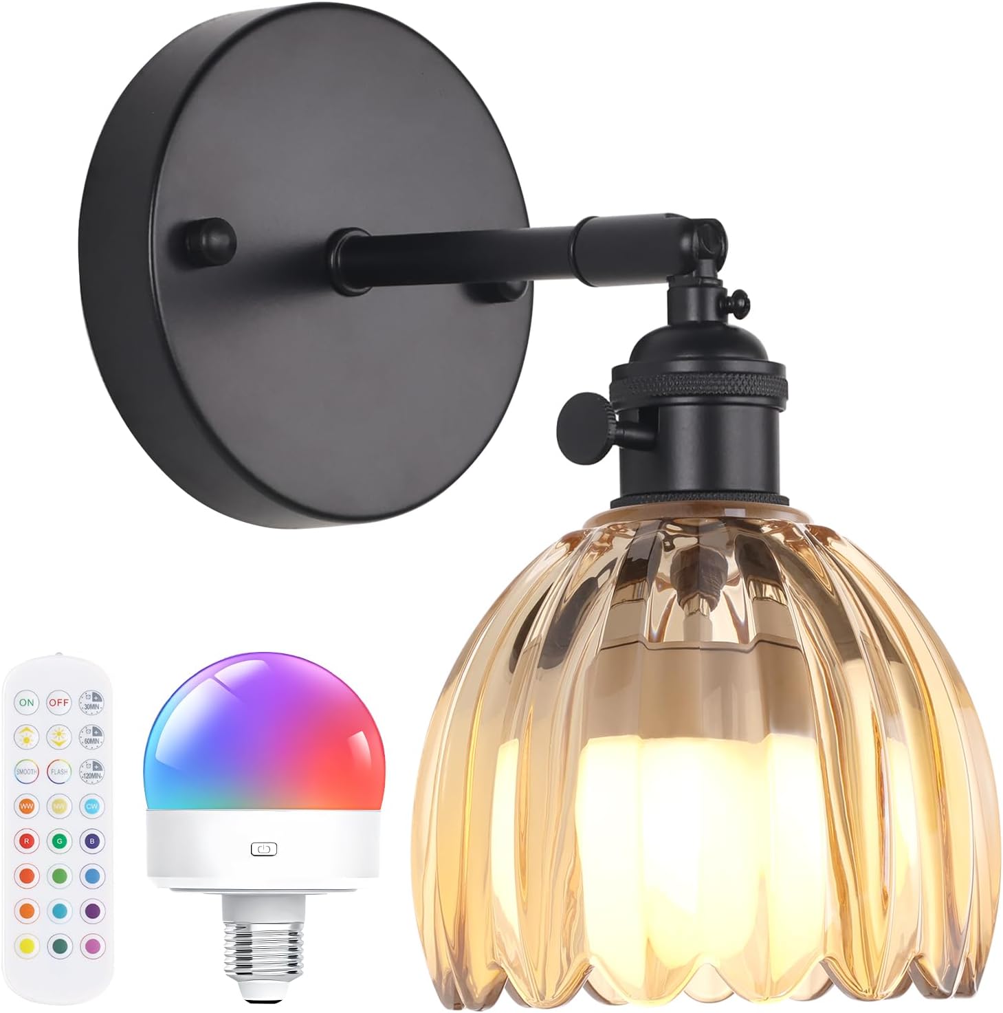 Vintage Battery Operated Wall Sconce with Cute Green Tulip Glass Lampshade Wireless Rechargeable Battery Powered Wall Light with Remote Control for Bedside Bedroom Doorway