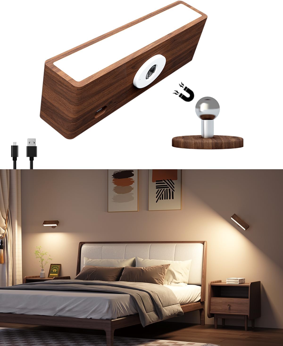 Battery Operated Wall Sconces Set of 2,Rechargeable Wall Lights Wood,Stick On Wall Lights for Bedroom,Wall Mounted Bedside Reading Lamps Dimmable,Battery Powered Wall Lamp for Bedroom