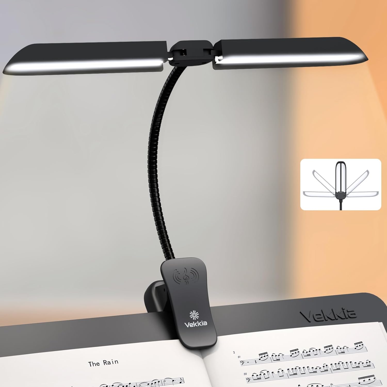 Vekkia 64 Led Rechargeable Music Stand Light - Folding Clip On Piano Lamp, Portable Professional with 5 Brightness×3 Color Temperature for Grand Piano and Book Reading