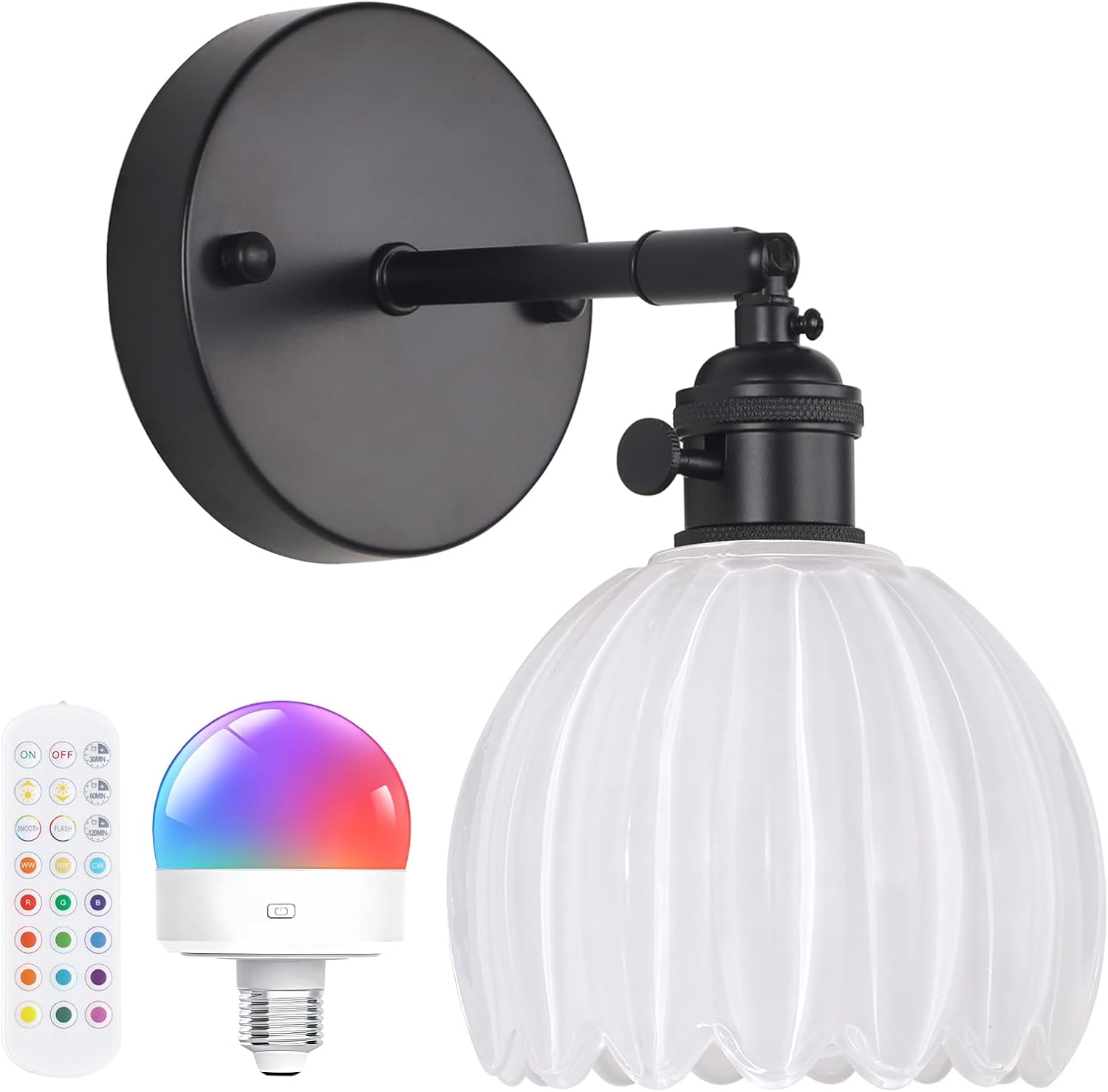 Vintage Battery Operated Wall Sconce with Cute Green Tulip Glass Lampshade Wireless Rechargeable Battery Powered Wall Light with Remote Control for Bedside Bedroom Doorway