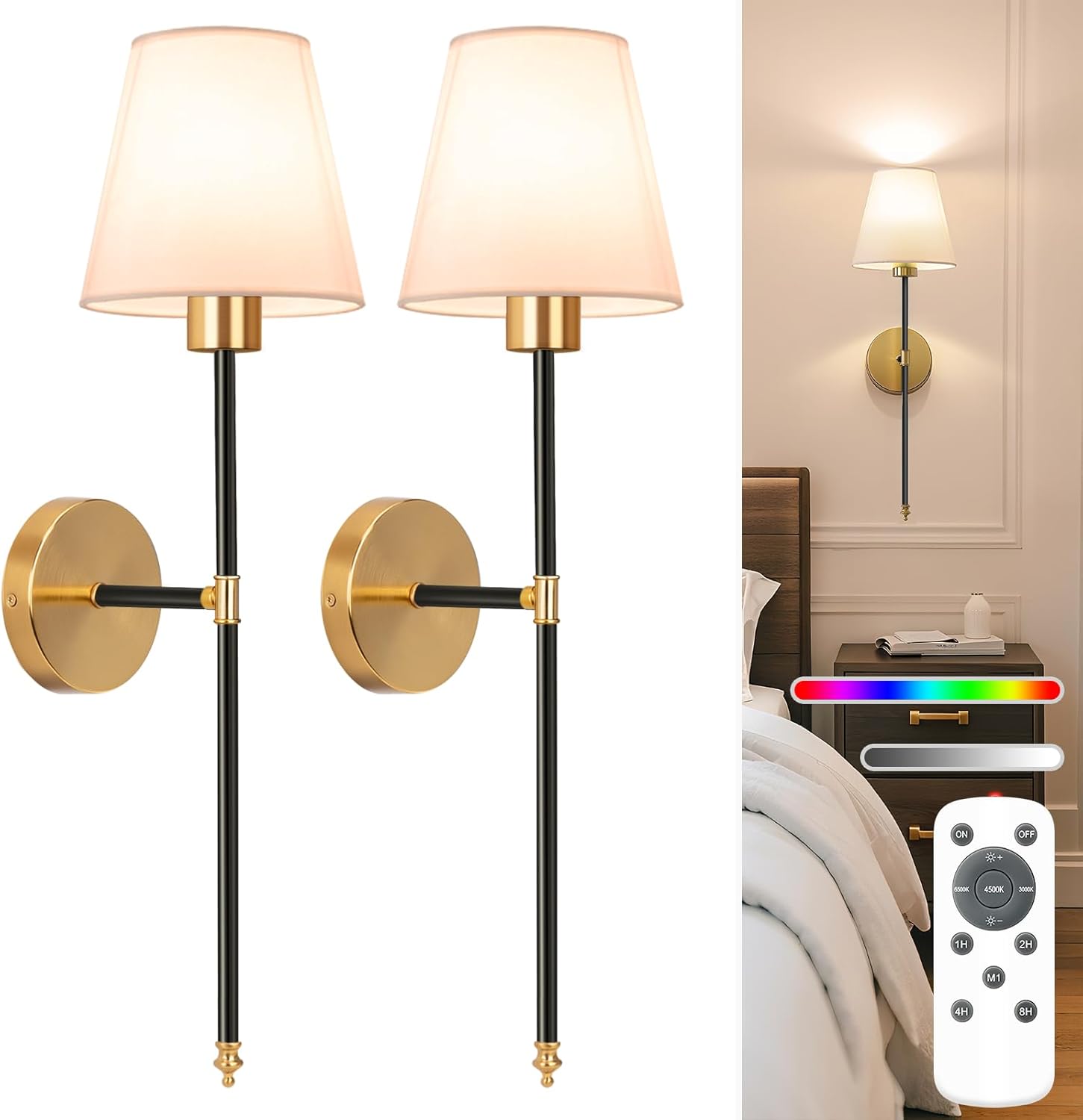 NIORSUN Battery Operated Wall Sconce Set of 2,Gold Rechargeable Wall Lights with 5200mAh Dimmable Bulbs and Remote,10 Colors Wireless Wall Lamps for Bedroom Living Room Hallway Decor