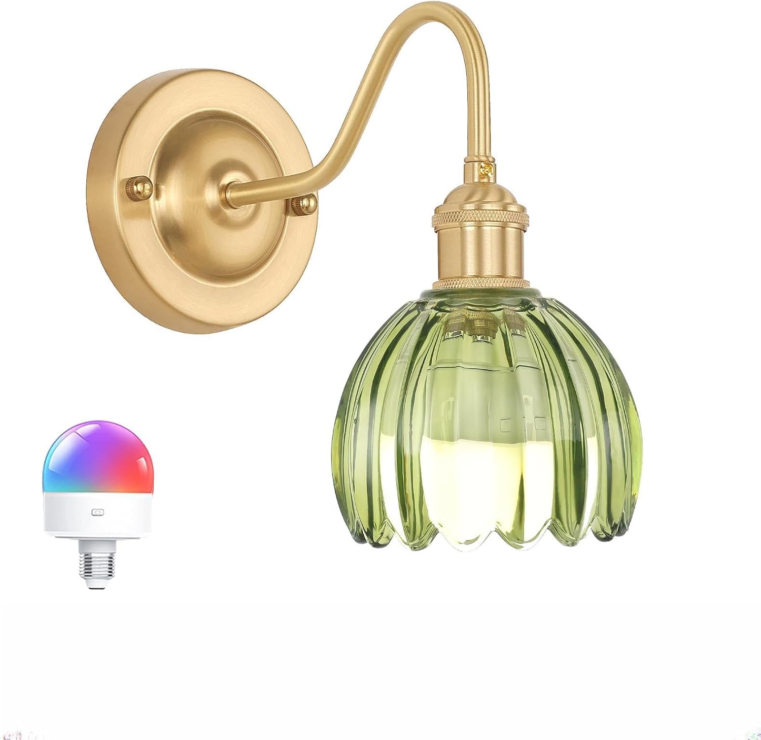 Vintage Battery Operated Wall Sconce with Cute Green Tulip Glass Lampshade Wireless Rechargeable Battery Powered Wall Light with Remote Control for Bedside Bedroom Doorway