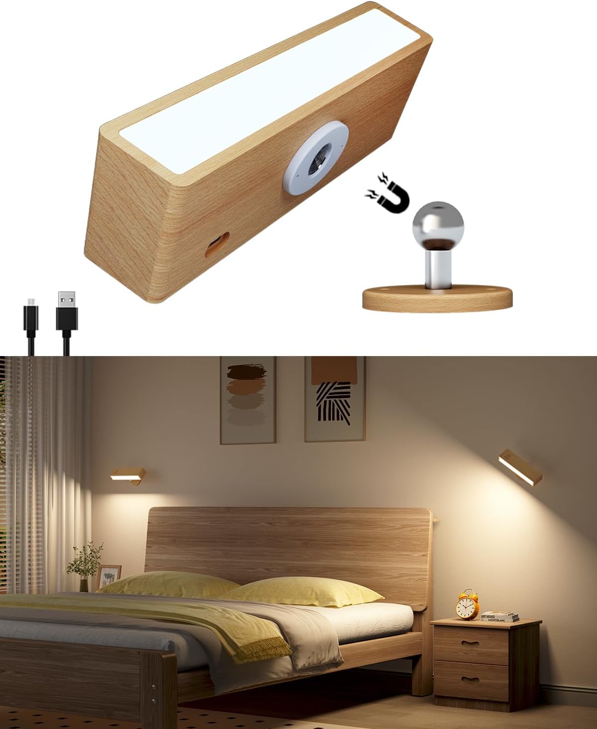 Battery Operated Wall Sconces Set of 2,Rechargeable Wall Lights Wood,Stick On Wall Lights for Bedroom,Wall Mounted Bedside Reading Lamps Dimmable,Battery Powered Wall Lamp for Bedroom