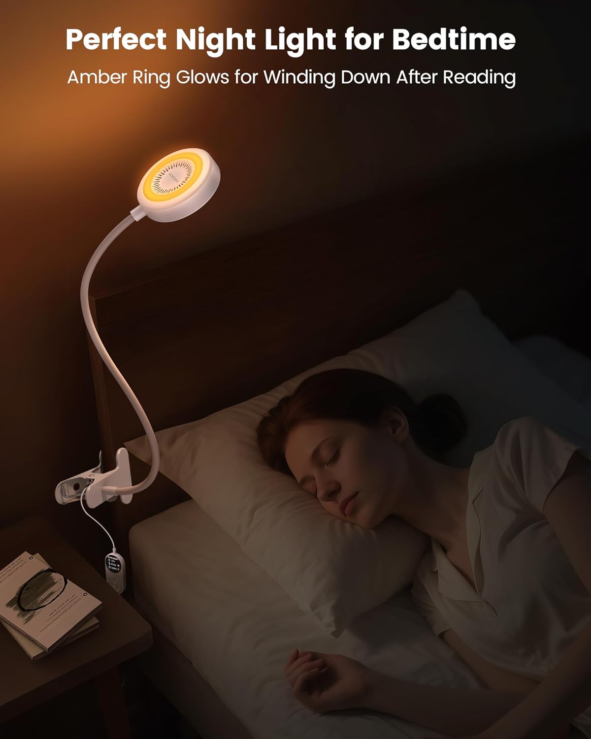 Glocusent 72 LED Clip on Lamp with Remote, Reading Light with Amber Ring, 3 Colors & 5 Dimmable Bed Lamp, 30/60-Min Auto Off Timer, Clamp Light for Headboard/Dorm/Bunk (White)