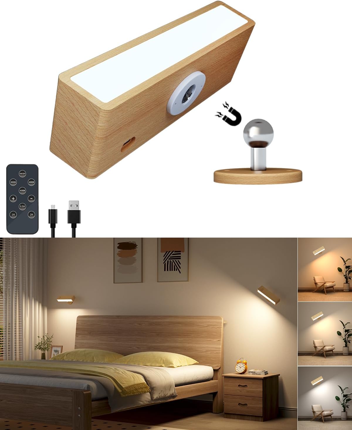 Battery Operated Wall Sconces Set of 2,Rechargeable Wall Lights Wood,Stick On Wall Lights for Bedroom,Wall Mounted Bedside Reading Lamps Dimmable,Battery Powered Wall Lamp for Bedroom
