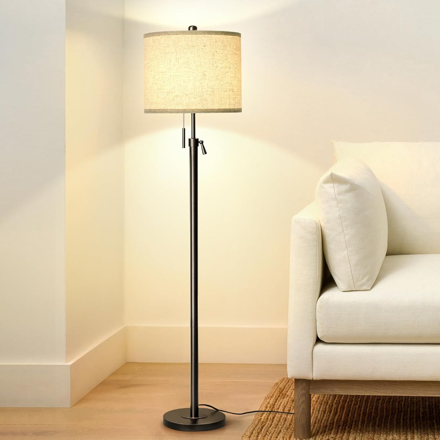 Brushed Nickel Floor Lamp for Living Room, Adjustable Height Standing Lamp with Metal Base, 3-Way Dimmable Tall Pole Light with White Linen Shade for Bedroom, Pull Chain Switch, 6W LED Bulb Included