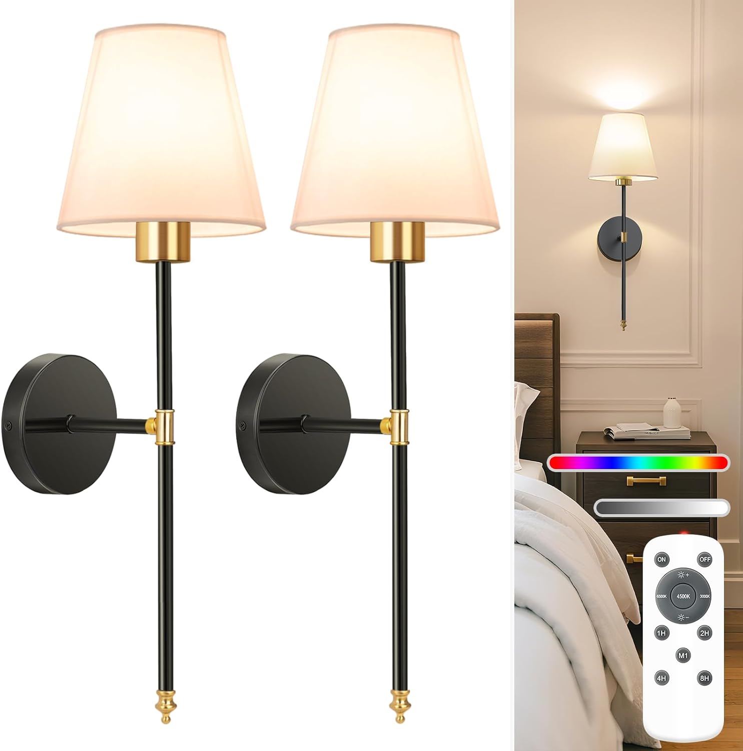 NIORSUN Battery Operated Wall Sconce Set of 2,Black Rechargeable Wall Lights with 5200mAh Dimmable Detachable Bulbs and Remote, 10 Colors Wireless Wall Lamps for Bedroom Living Room Hallway Decor