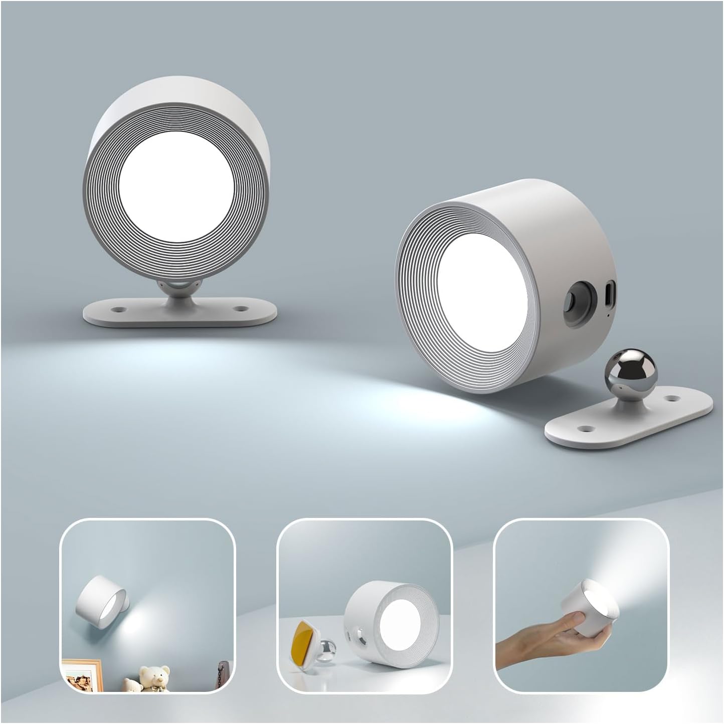 Koopala LED Sconces, Wall Mounted Lamps with Rechargeable Battery Operated USB Port 3 Color Temperatures & 3 Brightness Levels 360°Rotate Magnetic Ball, Cordless Lights for Reading Bedside