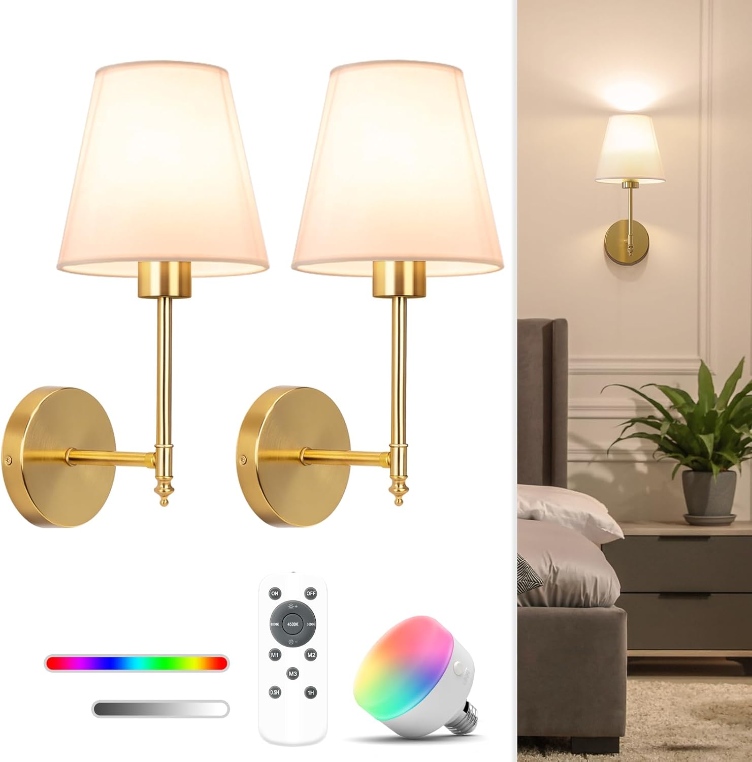 NIORSUN Battery Operated Wall Sconce Set of 2,Gold Rechargeable Wall Lights with 5200mAh Dimmable Bulbs and Remote,10 Colors Wireless Wall Lamps for Bedroom Living Room Hallway Decor