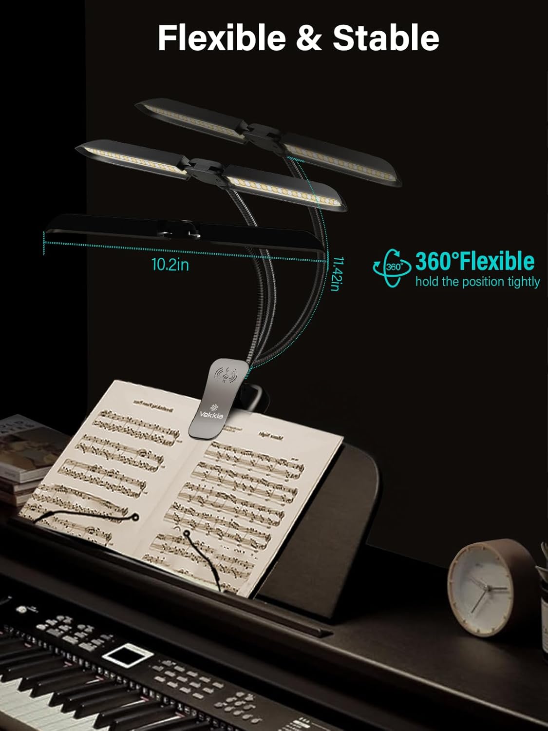 Vekkia 64 Led Rechargeable Music Stand Light - Folding Clip On Piano Lamp, Portable Professional with 5 Brightness×3 Color Temperature for Grand Piano and Book Reading