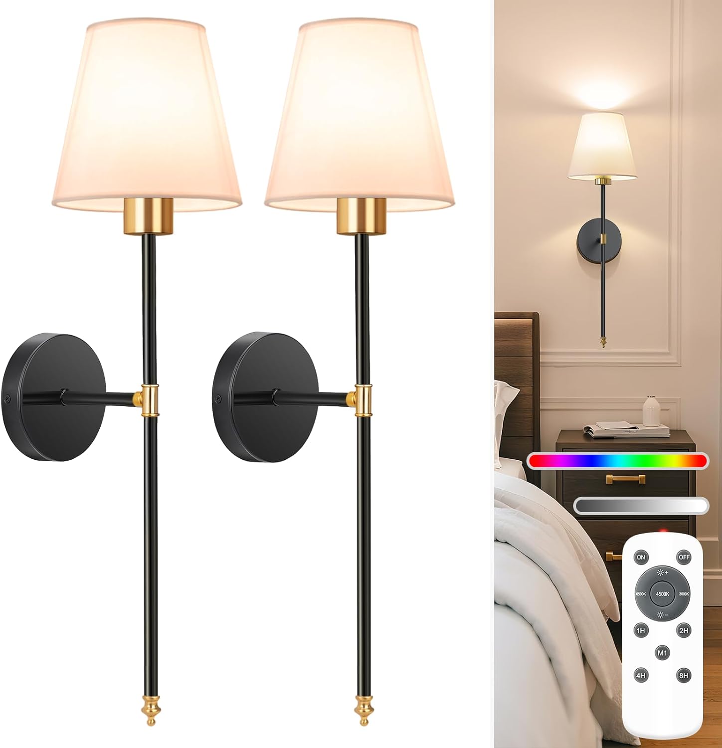 NIORSUN Battery Operated Wall Sconce Set of 2,Gold Rechargeable Wall Lights with 5200mAh Dimmable Bulbs and Remote,10 Colors Wireless Wall Lamps for Bedroom Living Room Hallway Decor