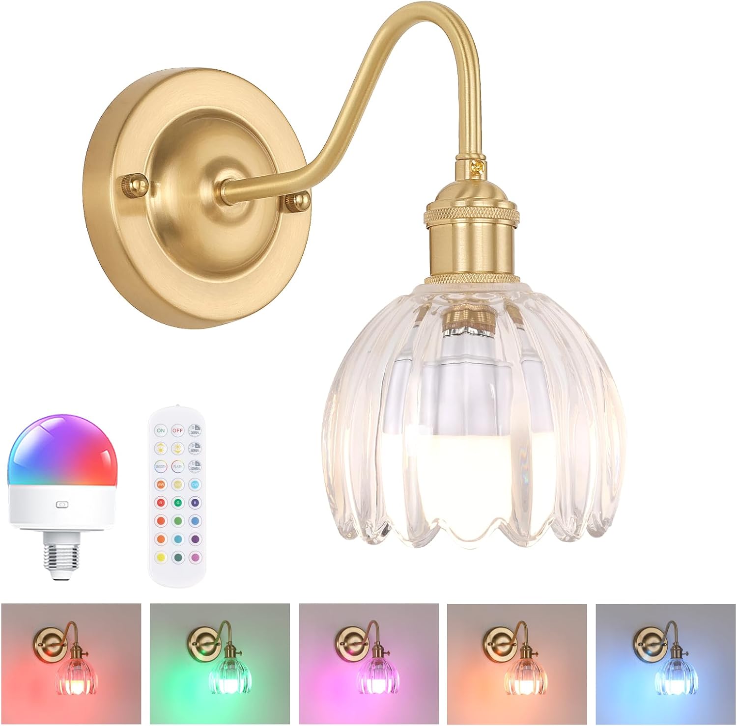 Vintage Battery Operated Wall Sconce with Cute Green Tulip Glass Lampshade Wireless Rechargeable Battery Powered Wall Light with Remote Control for Bedside Bedroom Doorway