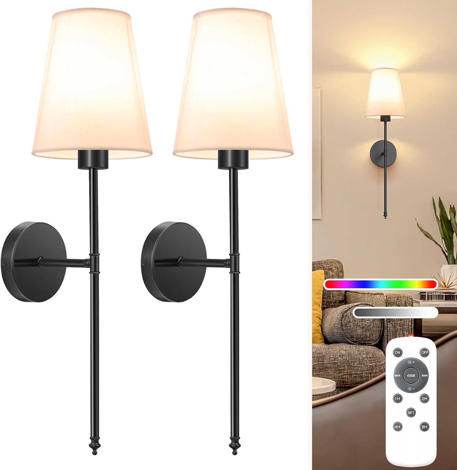 NIORSUN Battery Operated Wall Sconce Set of 2,Black Rechargeable Wall Lights with 5200mAh Dimmable Detachable Bulbs and Remote, 10 Colors Wireless Wall Lamps for Bedroom Living Room Hallway Decor