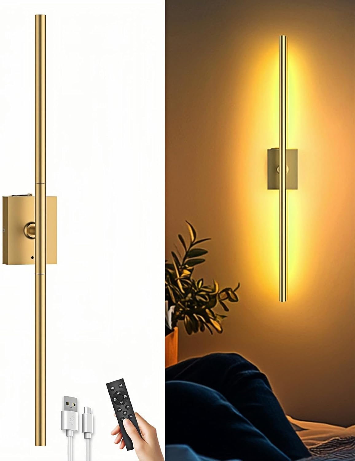iThird Battery Operated Wall Sconces Set of 2: 10000mAh Rechargeable Wall Lights with Remote Control, 360° Rotate Wireless Wall Scone Decor for TV/Mirror Bedroom Living Room, 31.5 Inch, Black