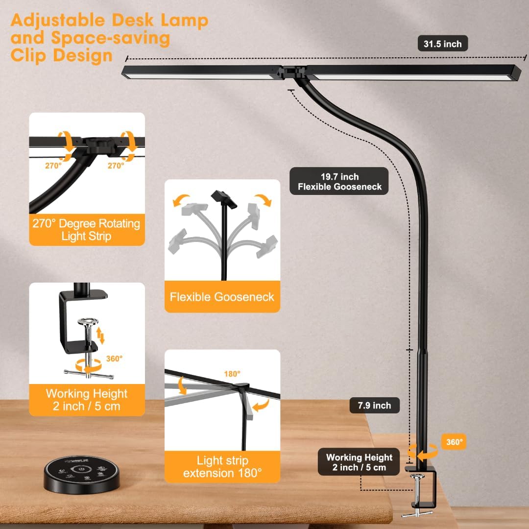 Led Desk Lamp for Office Home - Eye Caring Architect lamp with Clamp,Dual Screen Computer Monitor Work Smart Light: 24W 5 Color Flexible Adjustable Lighting Table Lamp for Study Drafting