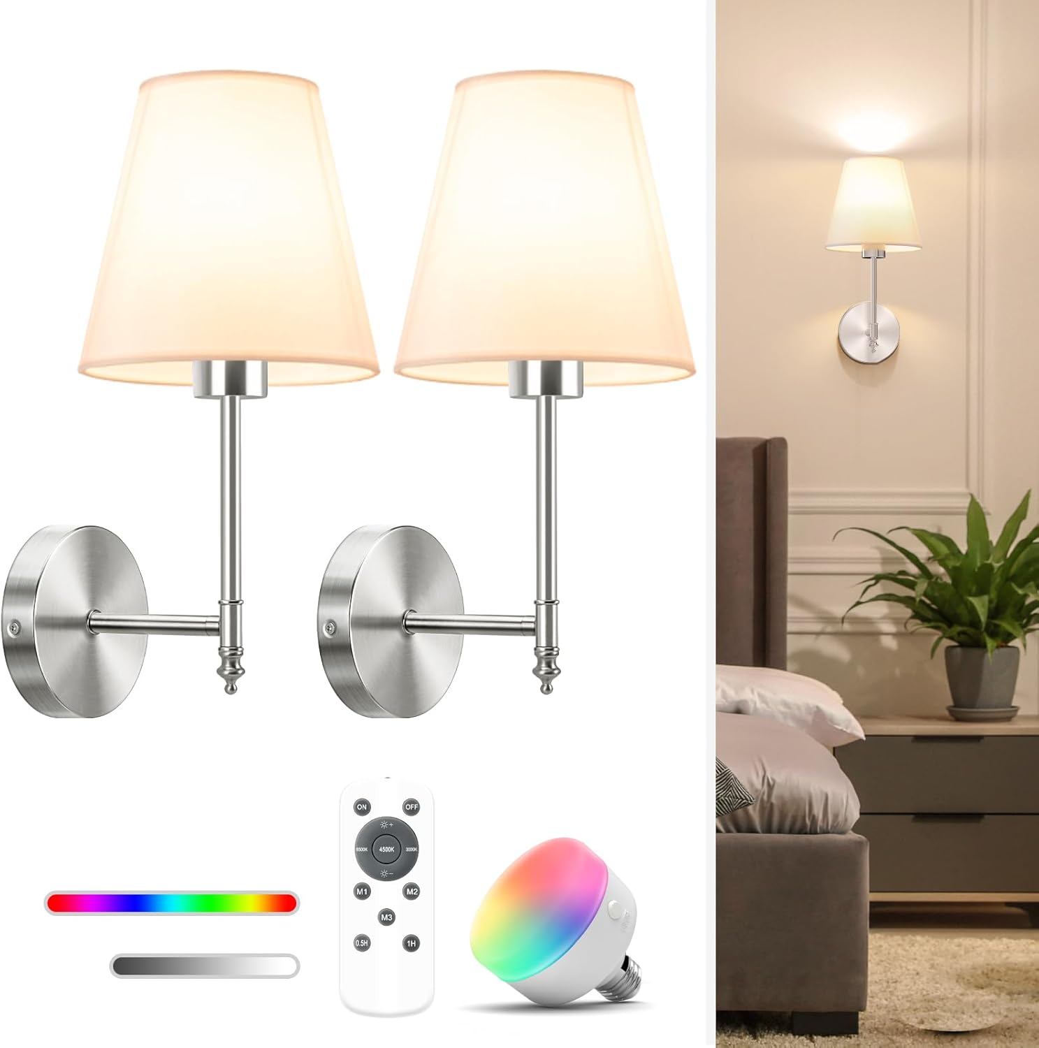 NIORSUN Battery Operated Wall Sconce Set of 2,Gold Rechargeable Wall Lights with 5200mAh Dimmable Bulbs and Remote,10 Colors Wireless Wall Lamps for Bedroom Living Room Hallway Decor