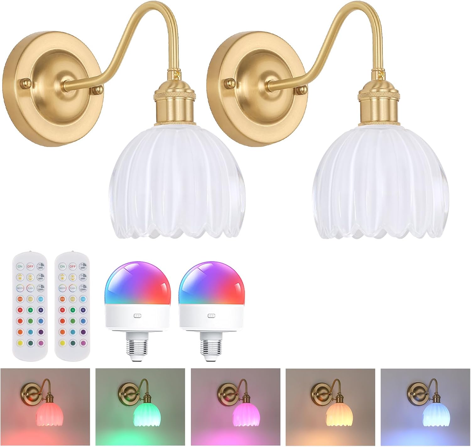 Vintage Battery Operated Wall Sconce with Cute Green Tulip Glass Lampshade Wireless Rechargeable Battery Powered Wall Light with Remote Control for Bedside Bedroom Doorway