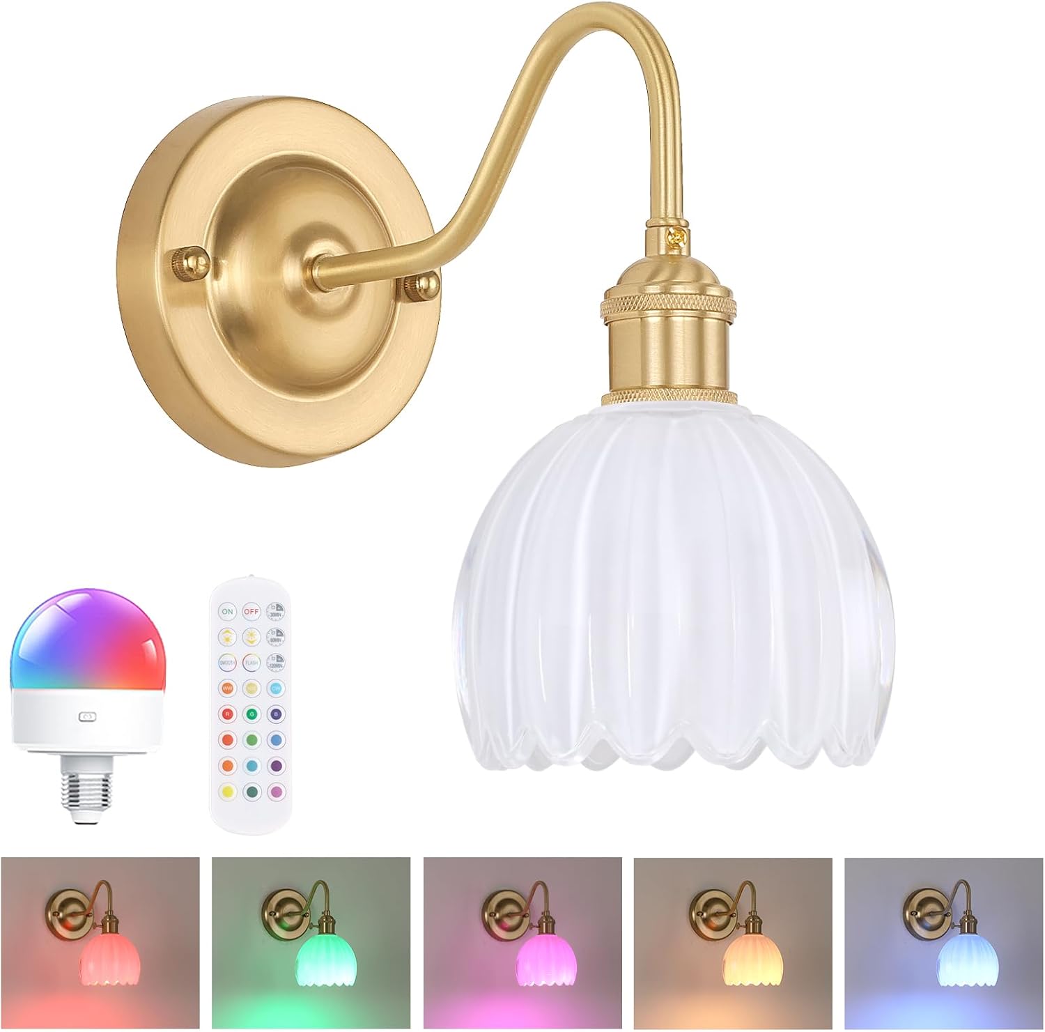 Vintage Battery Operated Wall Sconce with Cute Green Tulip Glass Lampshade Wireless Rechargeable Battery Powered Wall Light with Remote Control for Bedside Bedroom Doorway