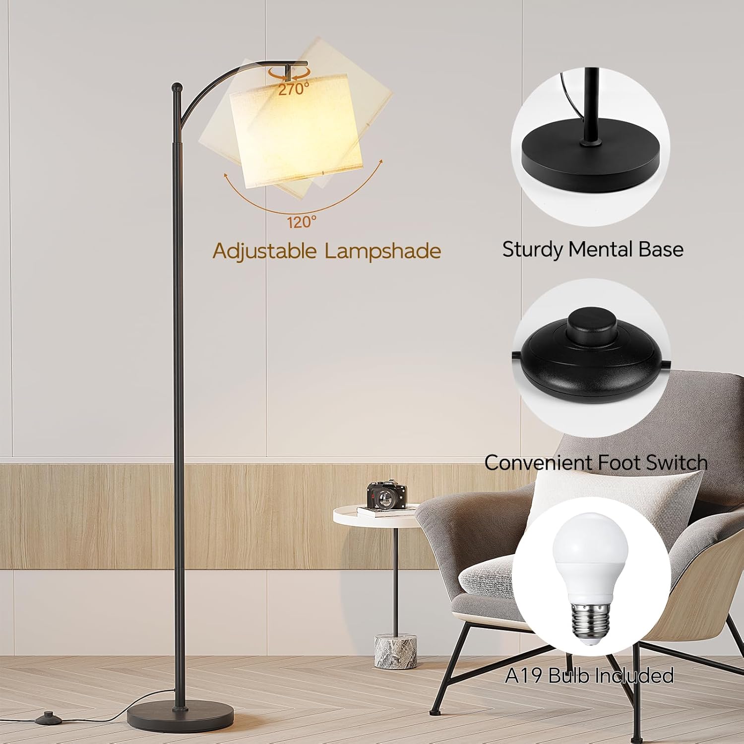 SUNMORY Arc Floor Lamp,Modern Floor Lamp with 9W 3 Color Temperatures Bulb,Metal Standing Lamps with Adjustable Hanging Lampshade,Tall Floor Lamps for Living Room,Bedroom,Office (Black)