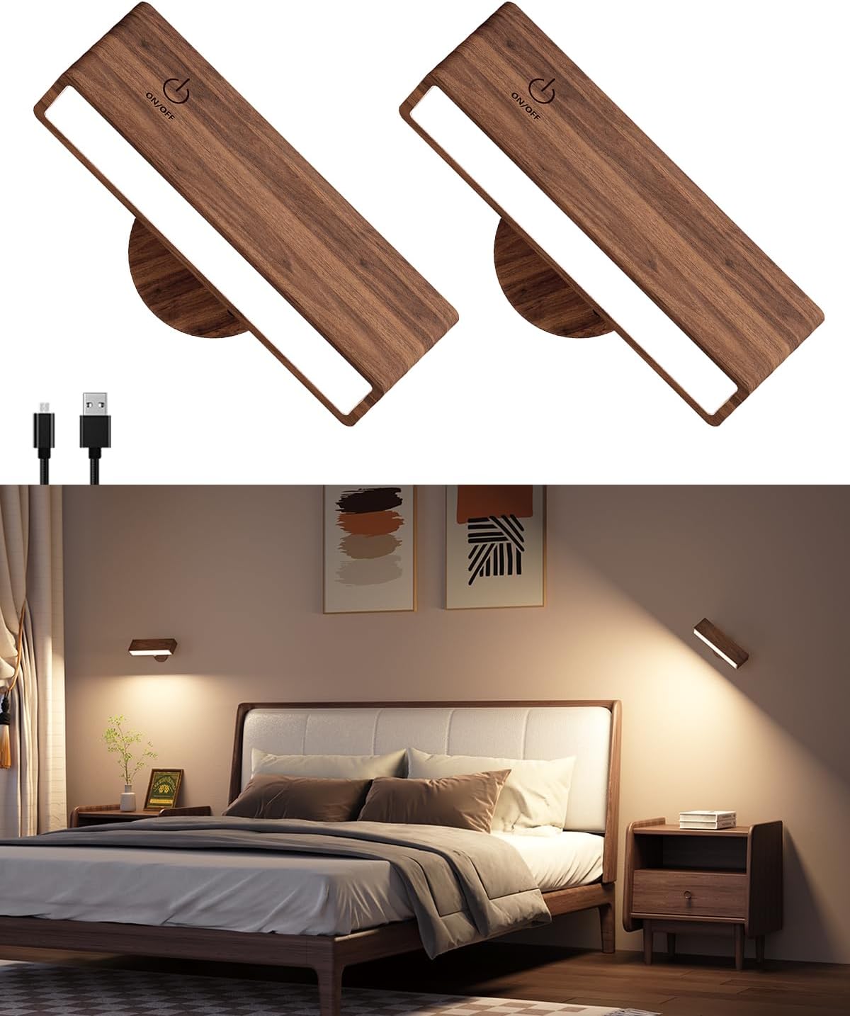 Battery Operated Wall Sconces Set of 2,Rechargeable Wall Lights Wood,Stick On Wall Lights for Bedroom,Wall Mounted Bedside Reading Lamps Dimmable,Battery Powered Wall Lamp for Bedroom