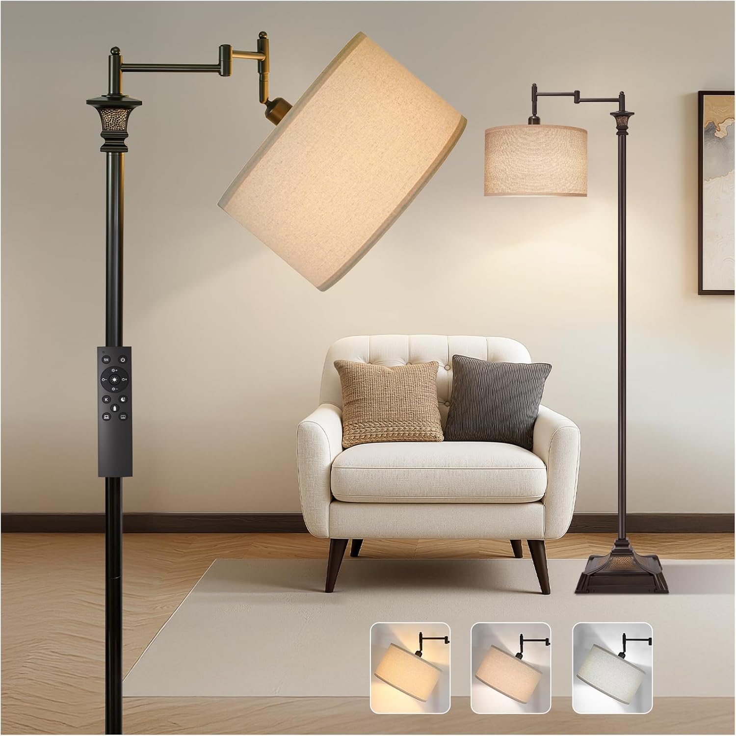 Scenekoy Adjustable Height Smart LED Floor Lamp for Living Room Bedroom, Remote Control Traditional 350º Swing Arm Standing Lamp with Swivel Metal Shade, Decor for Reading House Home Office
