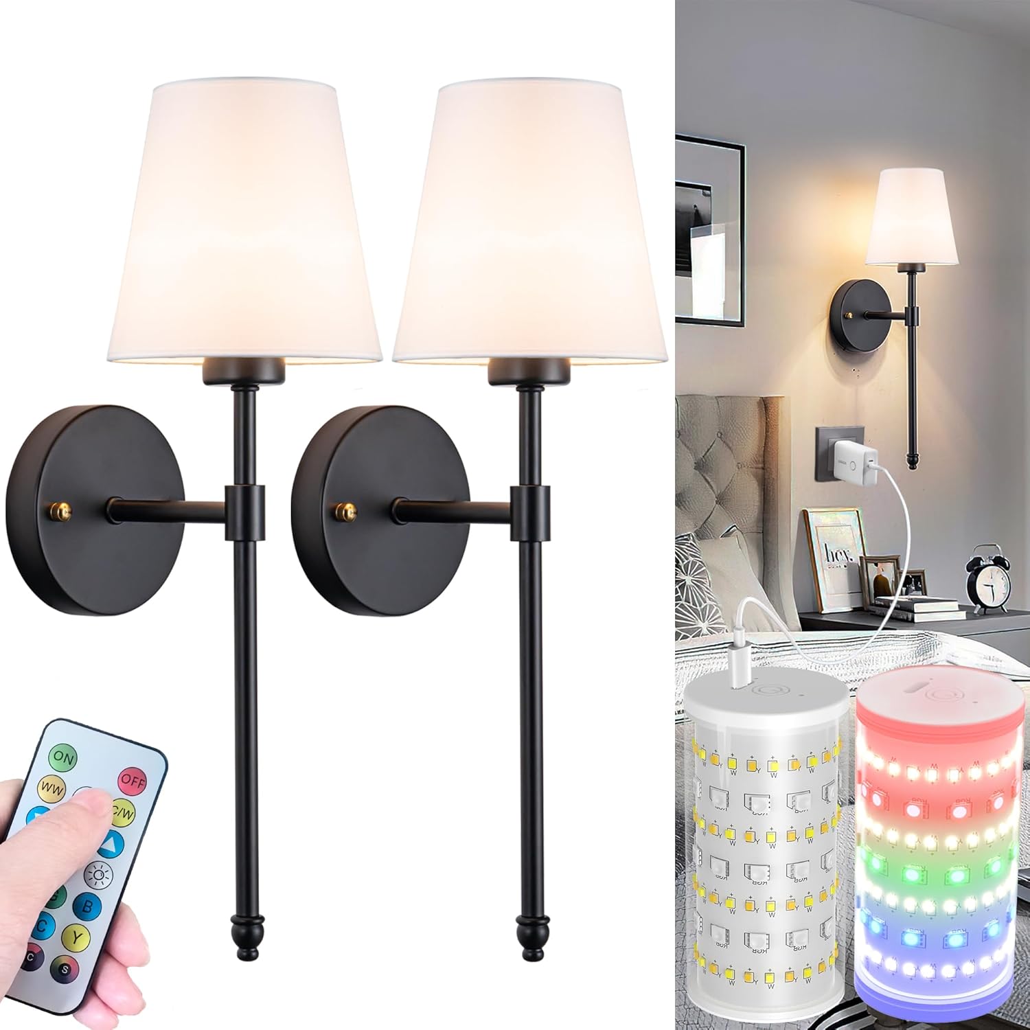 Battery Operated Wall Sconces Set of Two, Wireless Battery Wall Light with 10000mAh RGB Dimmable Magnetic Bulb and Remote, Rechargeable Sconce Wall Decor for Bedroom Living Room Hallway