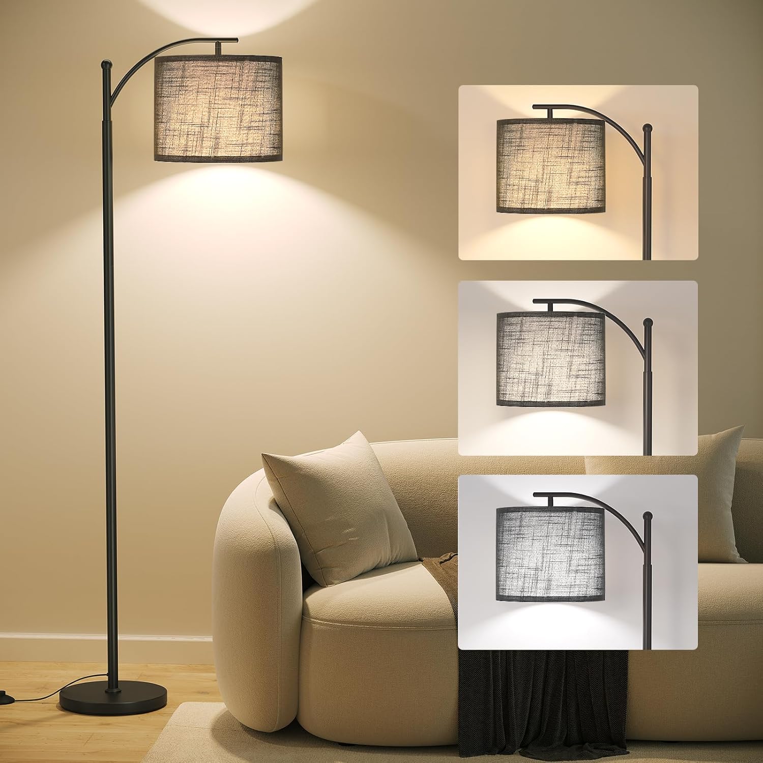 SUNMORY Arc Floor Lamp,Modern Floor Lamp with 9W 3 Color Temperatures Bulb,Metal Standing Lamps with Adjustable Hanging Lampshade,Tall Floor Lamps for Living Room,Bedroom,Office (Black)