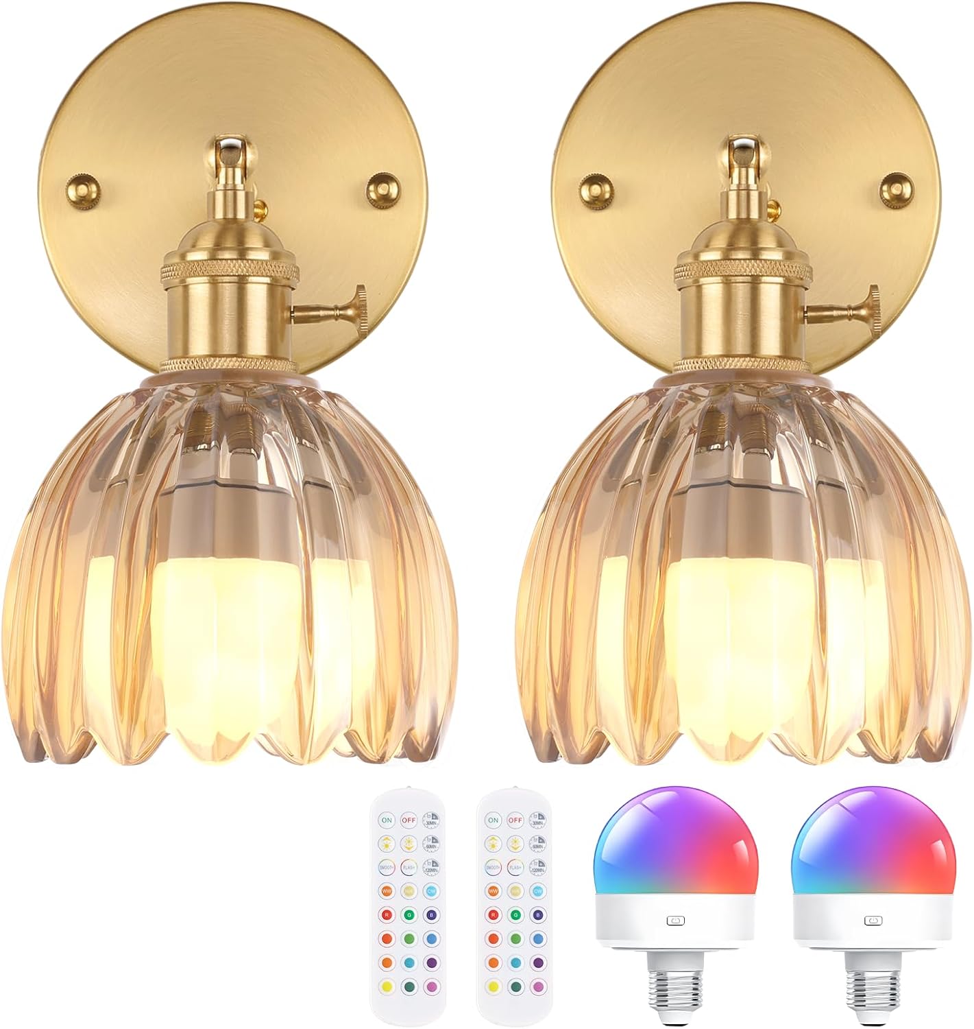 Vintage Battery Operated Wall Sconce with Cute Green Tulip Glass Lampshade Wireless Rechargeable Battery Powered Wall Light with Remote Control for Bedside Bedroom Doorway