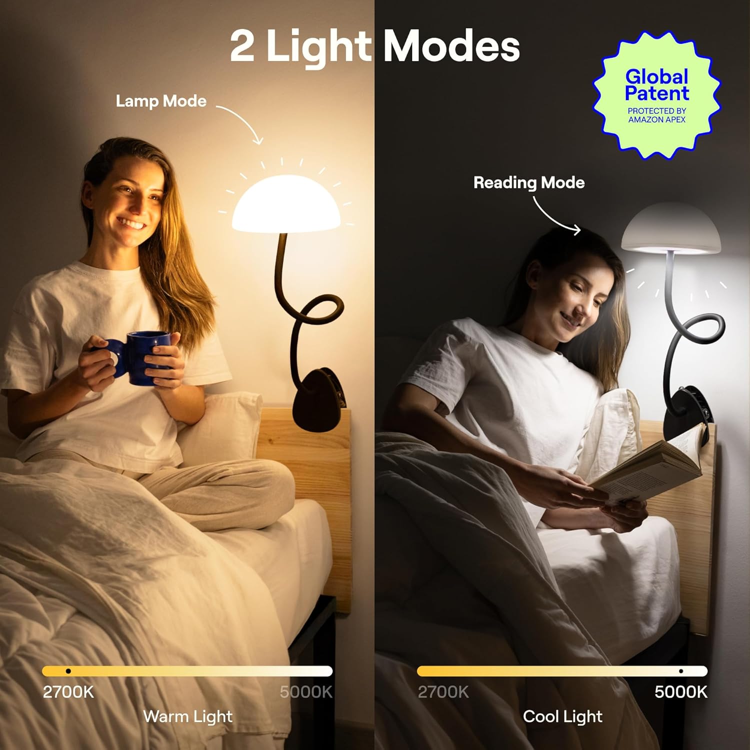 Shroommate Clip On Light and Bed Headboard Lamp, Bedside Table Lamp for Dorm, College Dorm Room Essentials, Night Light for Kids Nursery, Clip on for Desk, MultiColor LEDs, Adapter Included (Black)