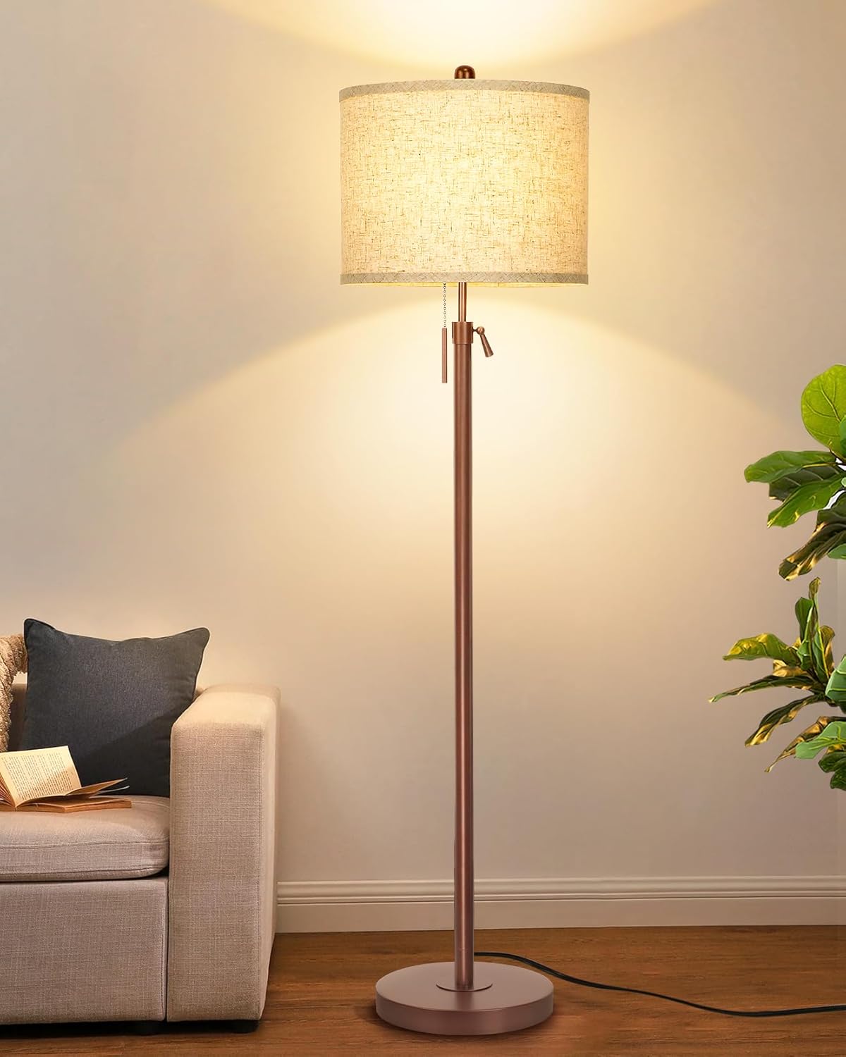 Brushed Nickel Floor Lamp for Living Room, Adjustable Height Standing Lamp with Metal Base, 3-Way Dimmable Tall Pole Light with White Linen Shade for Bedroom, Pull Chain Switch, 6W LED Bulb Included
