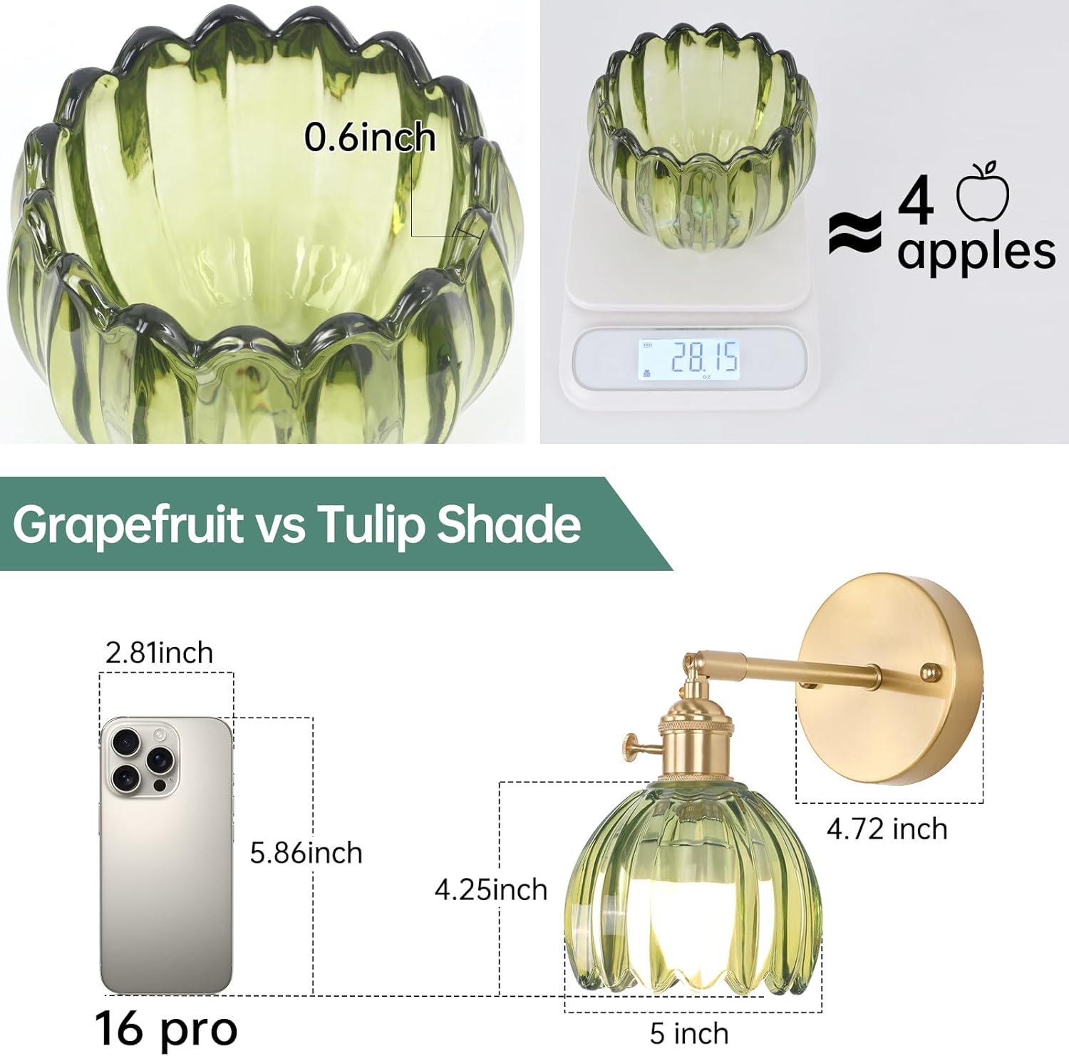 Vintage Battery Operated Wall Sconce with Cute Green Tulip Glass Lampshade Wireless Rechargeable Battery Powered Wall Light with Remote Control for Bedside Bedroom Doorway