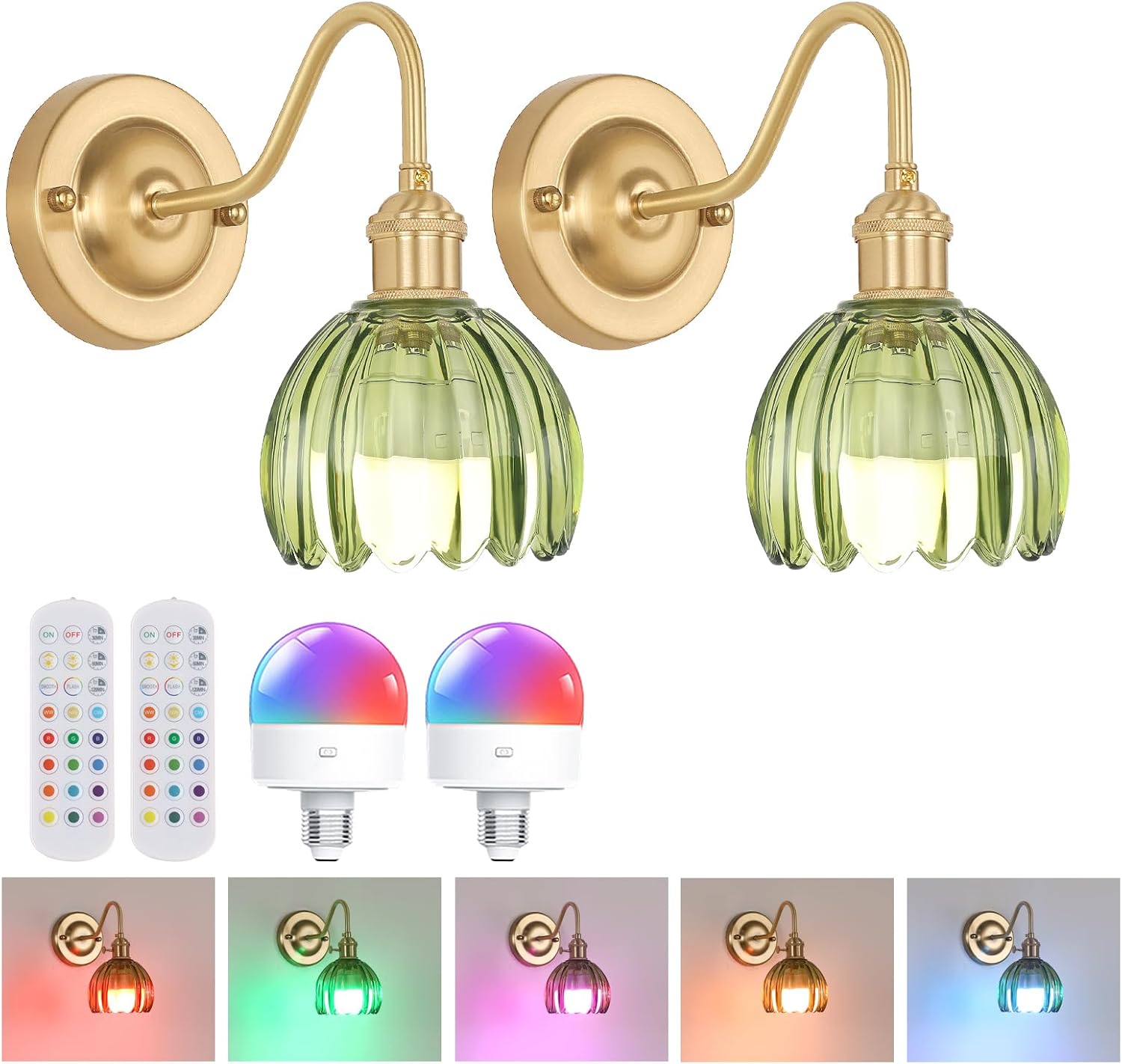 Vintage Battery Operated Wall Sconce with Cute Green Tulip Glass Lampshade Wireless Rechargeable Battery Powered Wall Light with Remote Control for Bedside Bedroom Doorway