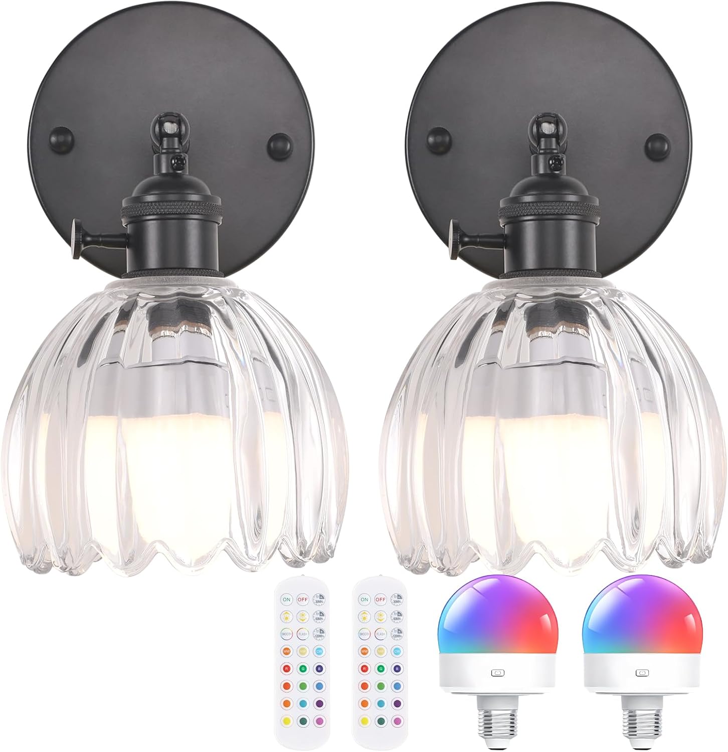 Vintage Battery Operated Wall Sconce with Cute Green Tulip Glass Lampshade Wireless Rechargeable Battery Powered Wall Light with Remote Control for Bedside Bedroom Doorway